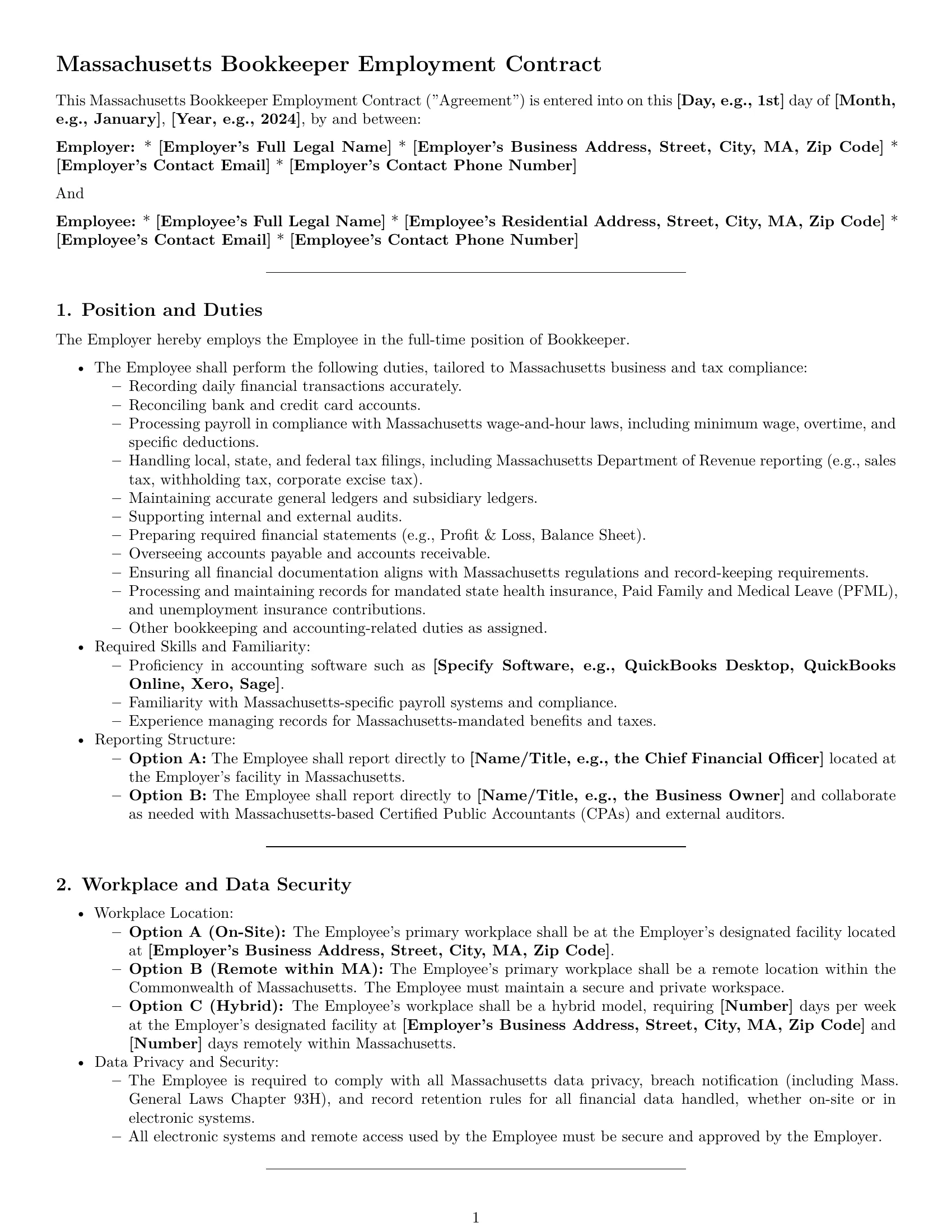Preview page 1 of Pro Massachusetts bookkeeper employment contract template
