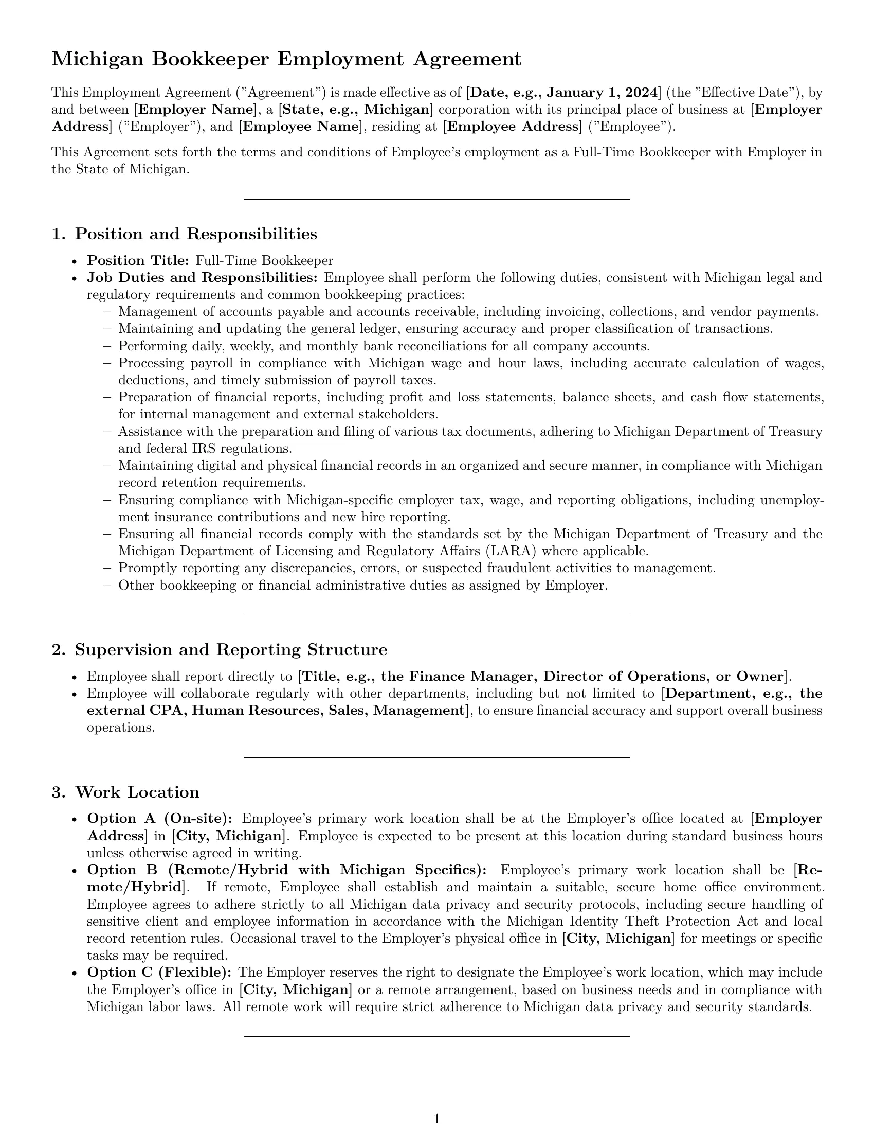 Preview page 1 of Pro Michigan bookkeeper employment contract template