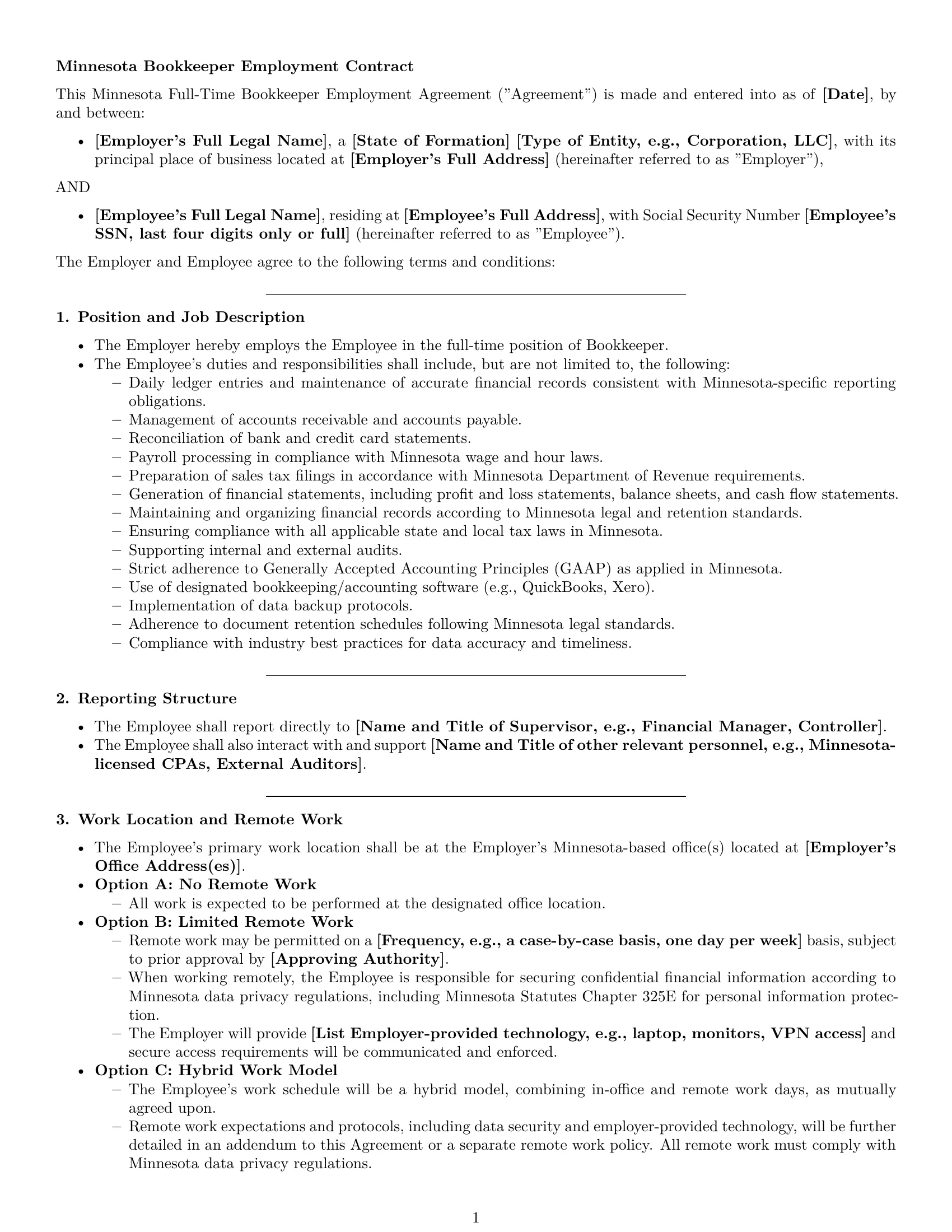 Preview page 1 of Pro Minnesota bookkeeper employment contract template