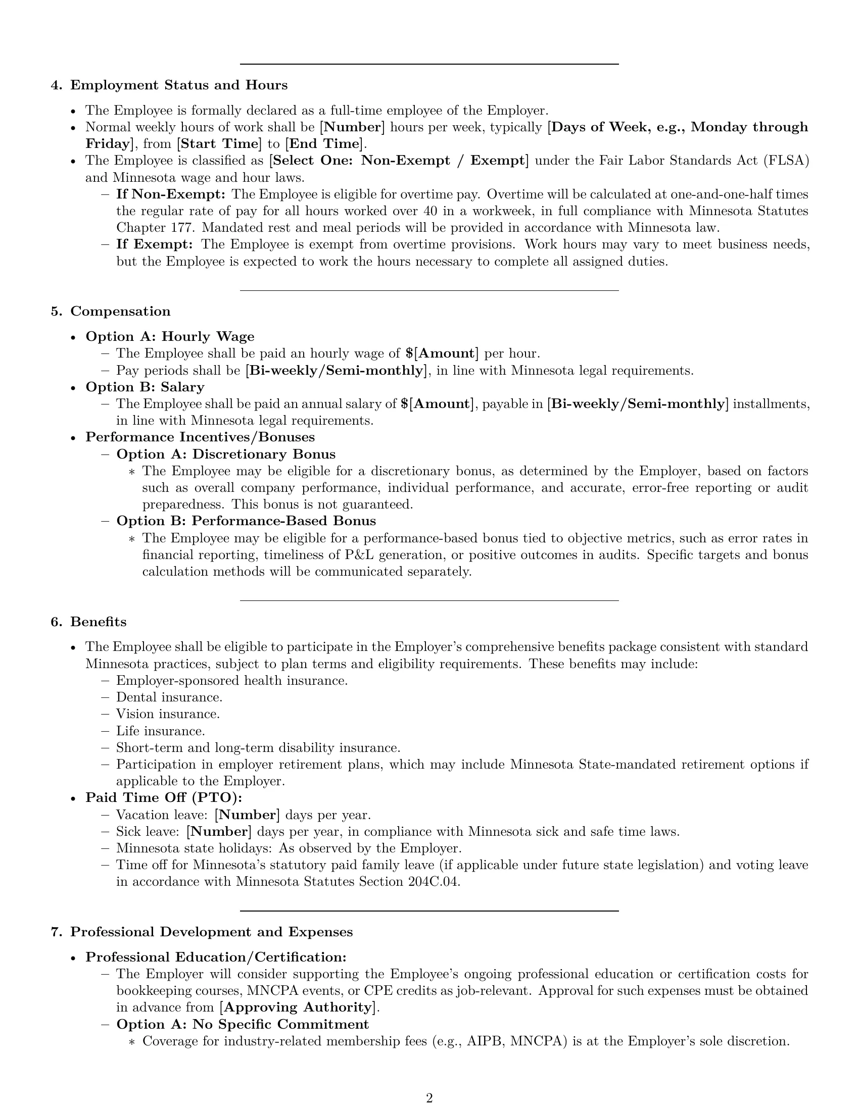 Preview page 2 of Pro Minnesota bookkeeper employment contract template