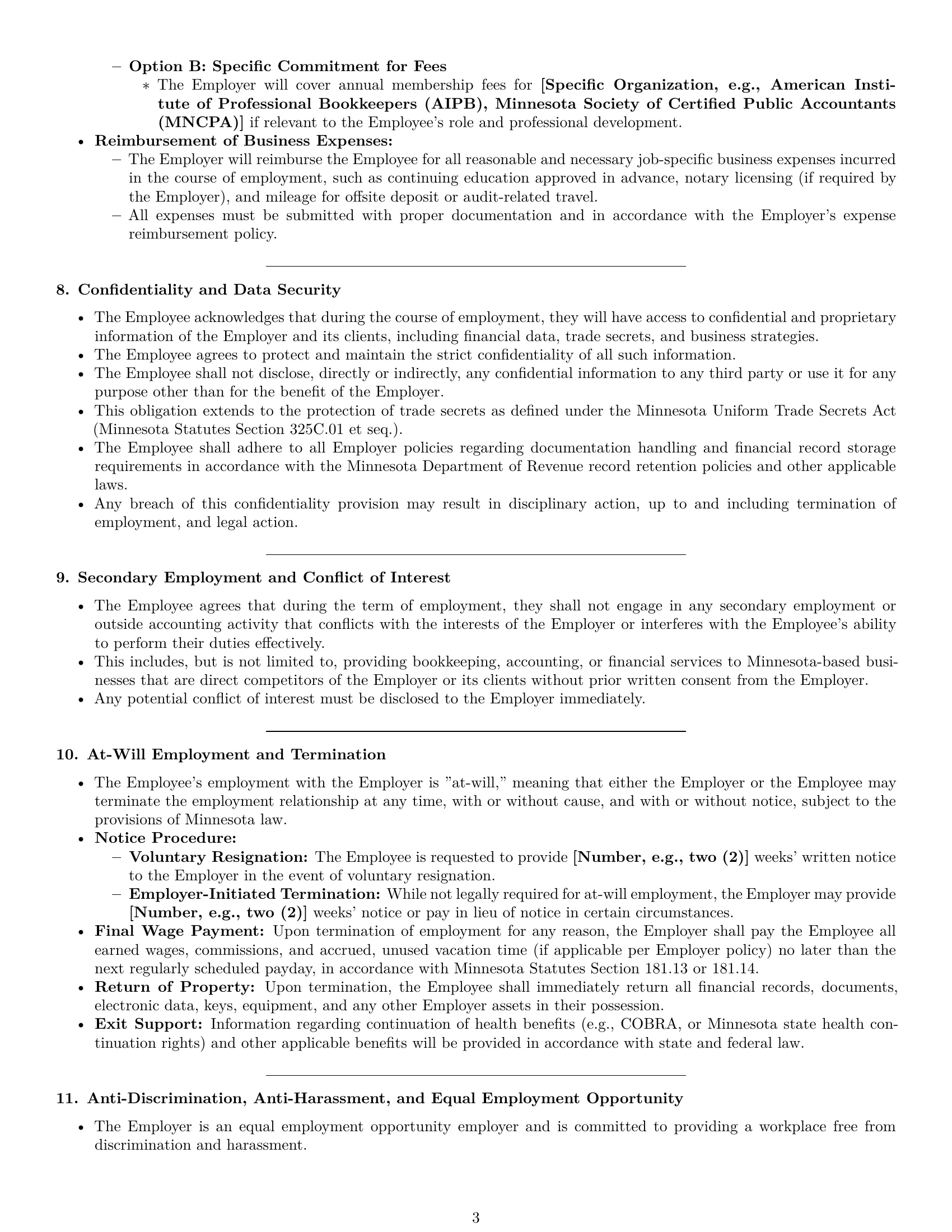 Preview page 3 of Pro Minnesota bookkeeper employment contract template