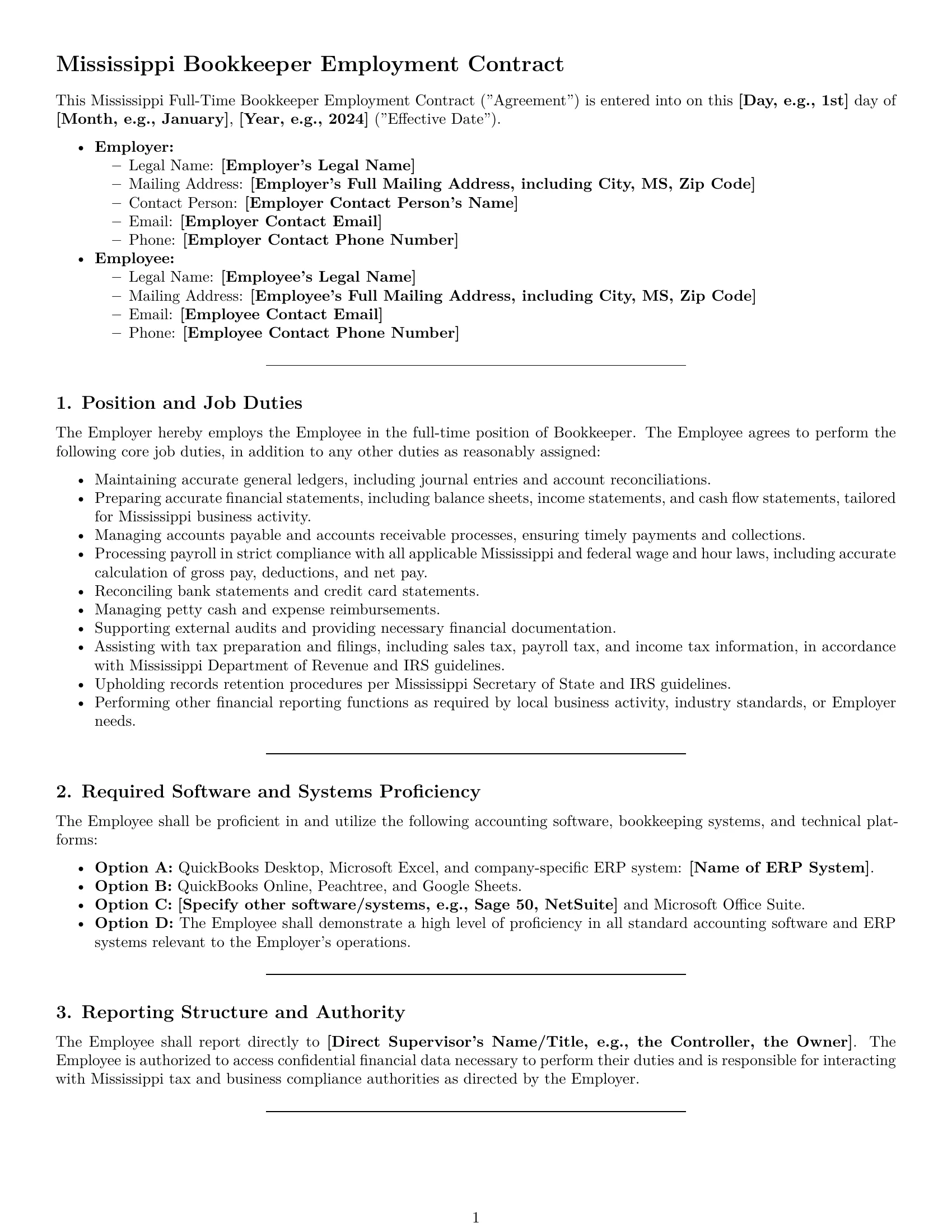 Preview page 1 of Pro Mississippi bookkeeper employment contract template
