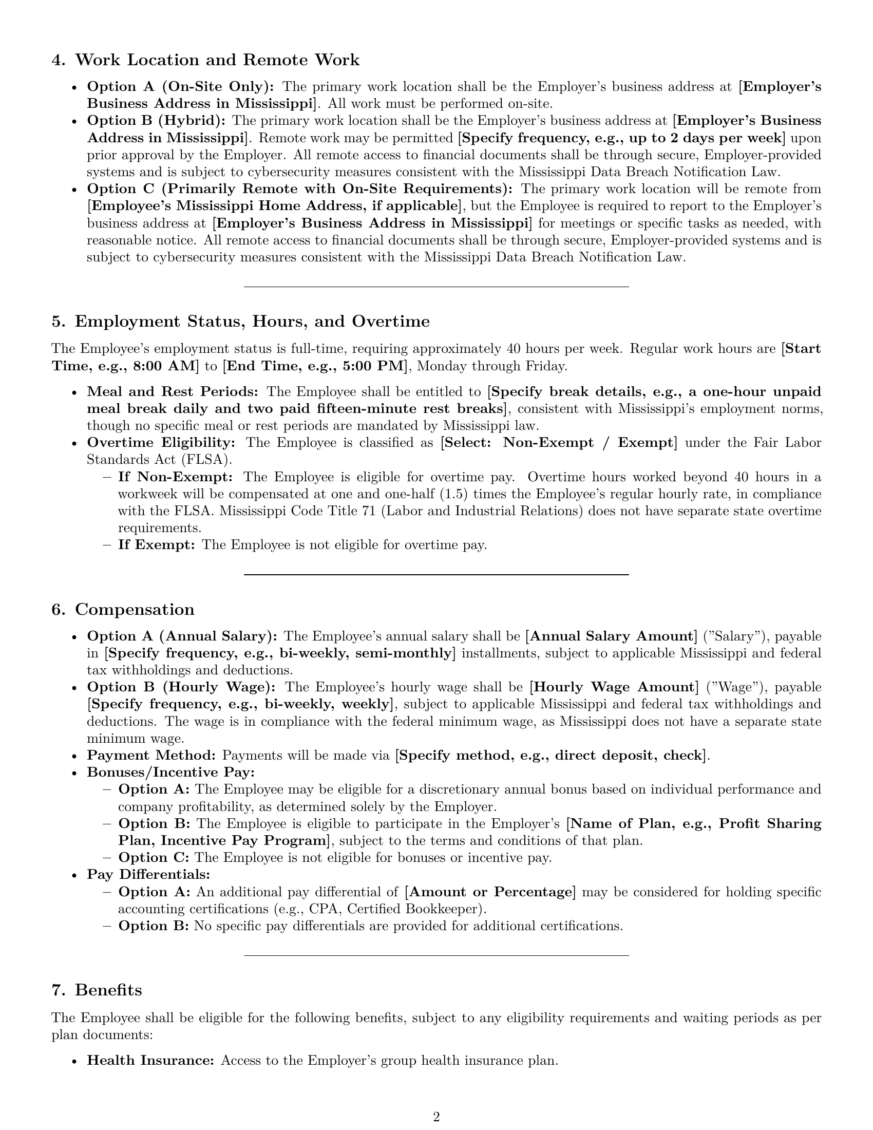 Preview page 2 of Pro Mississippi bookkeeper employment contract template