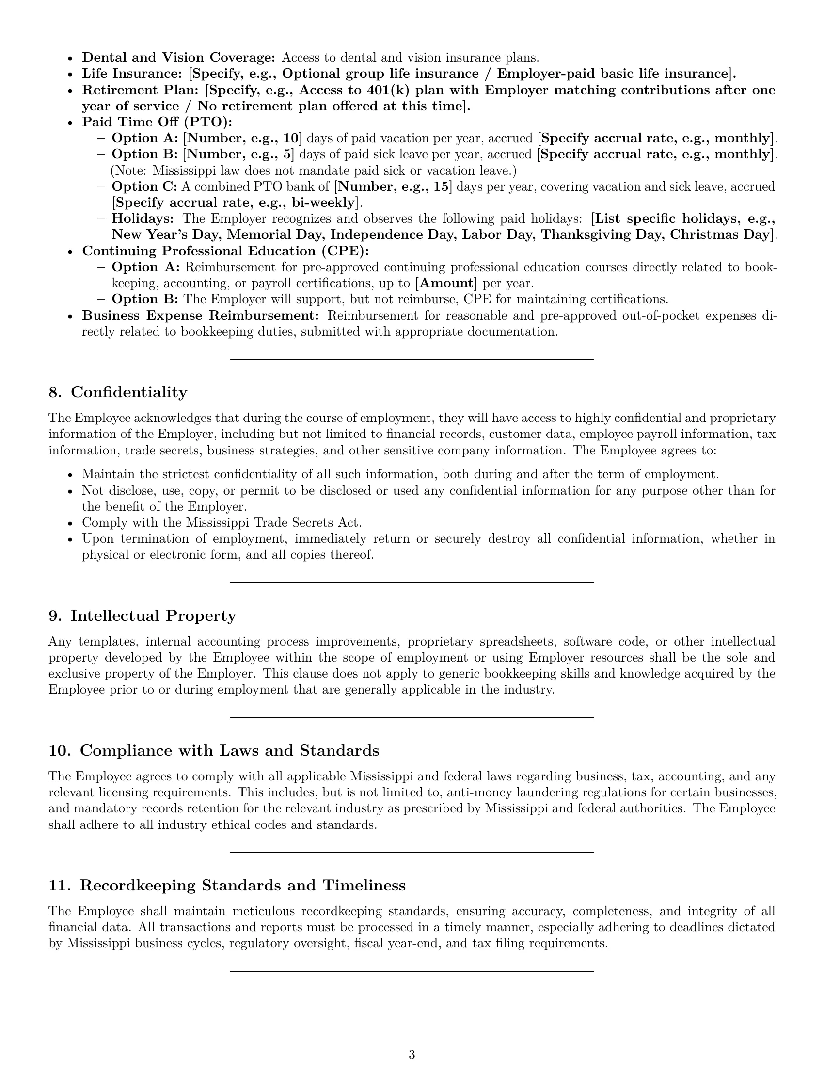 Preview page 3 of Pro Mississippi bookkeeper employment contract template