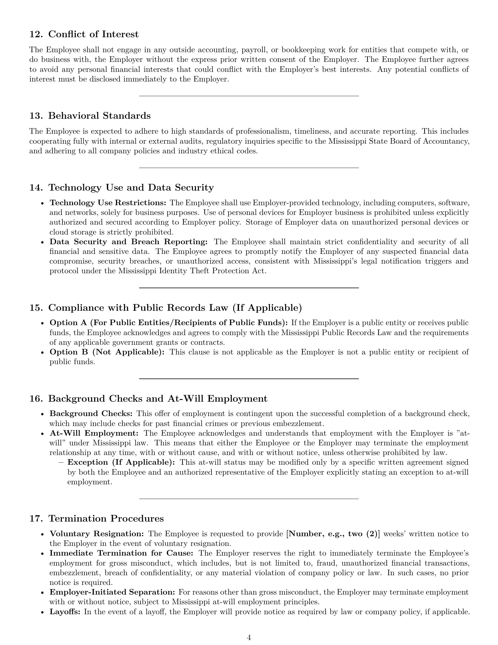 Preview page 4 of Pro Mississippi bookkeeper employment contract template