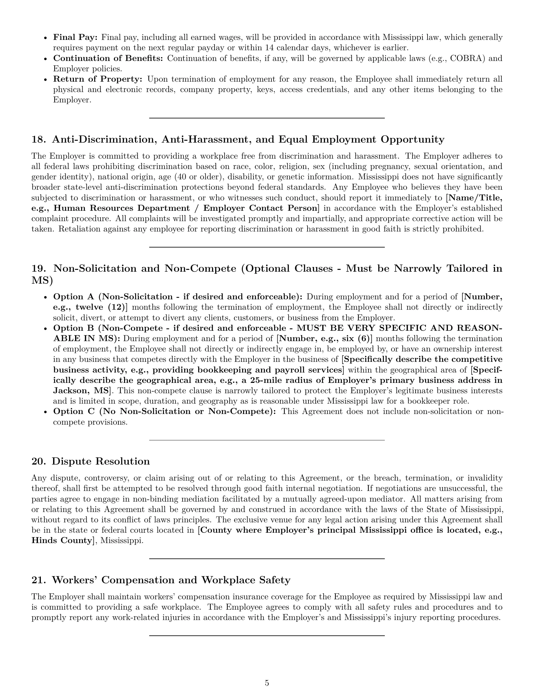 Preview page 5 of Pro Mississippi bookkeeper employment contract template