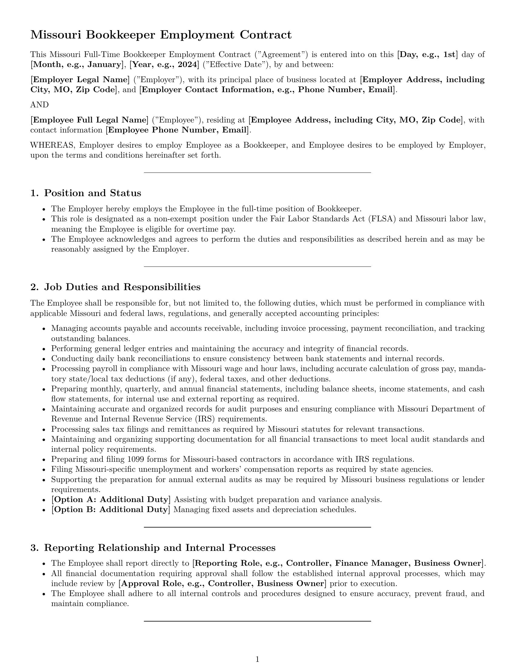 Preview page 1 of Pro Missouri bookkeeper employment contract template