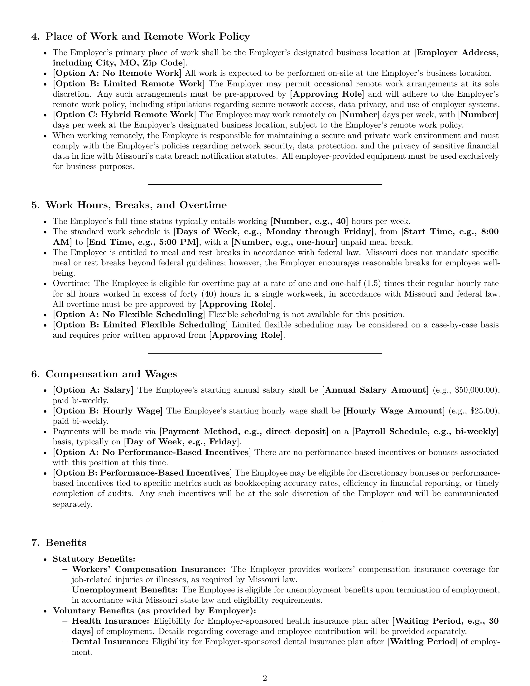 Preview page 2 of Pro Missouri bookkeeper employment contract template