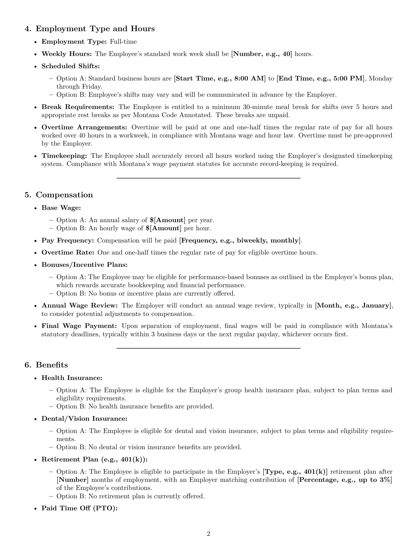 Preview page 2 of Pro Montana bookkeeper employment contract template
