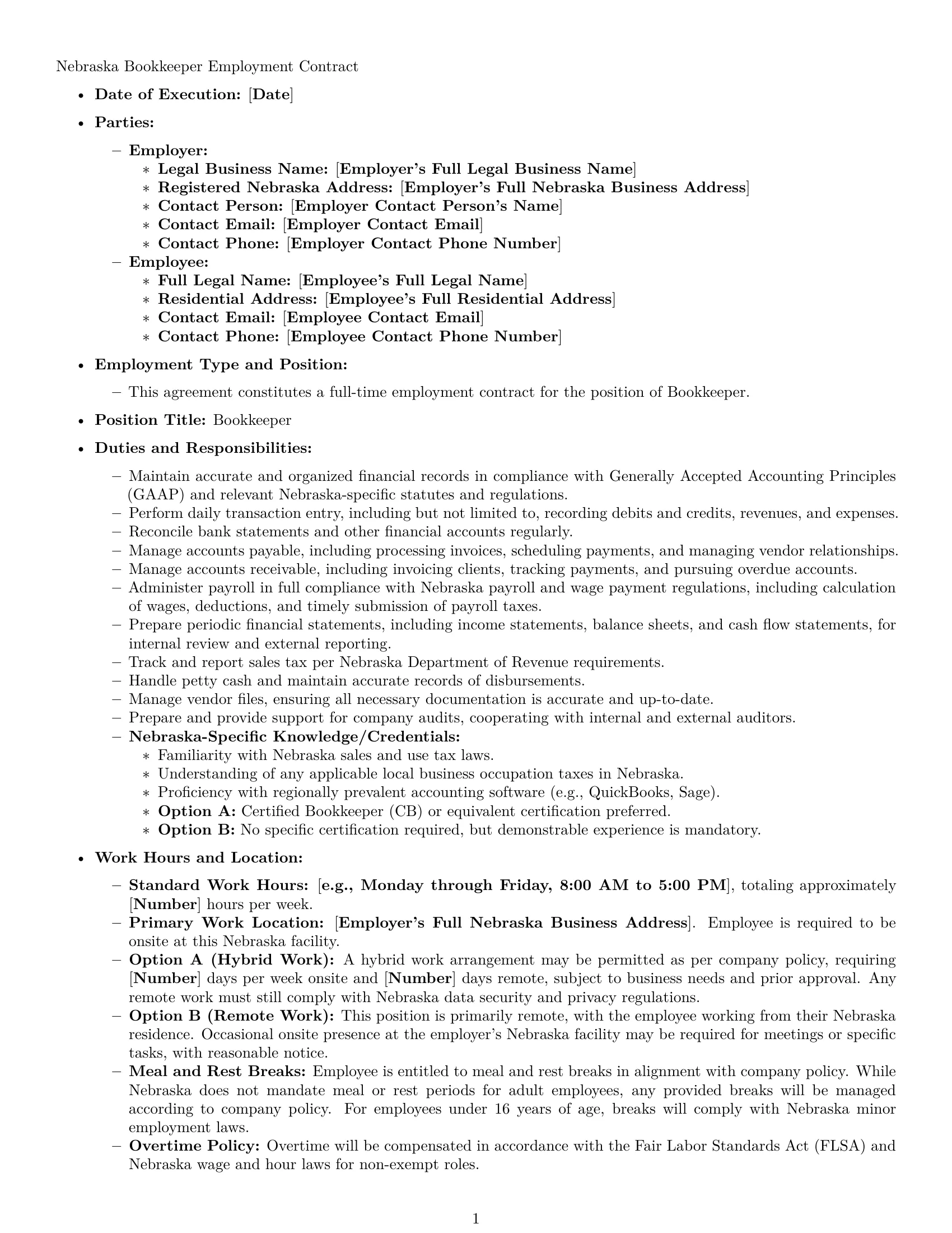 Preview page 1 of Pro Nebraska bookkeeper employment contract template