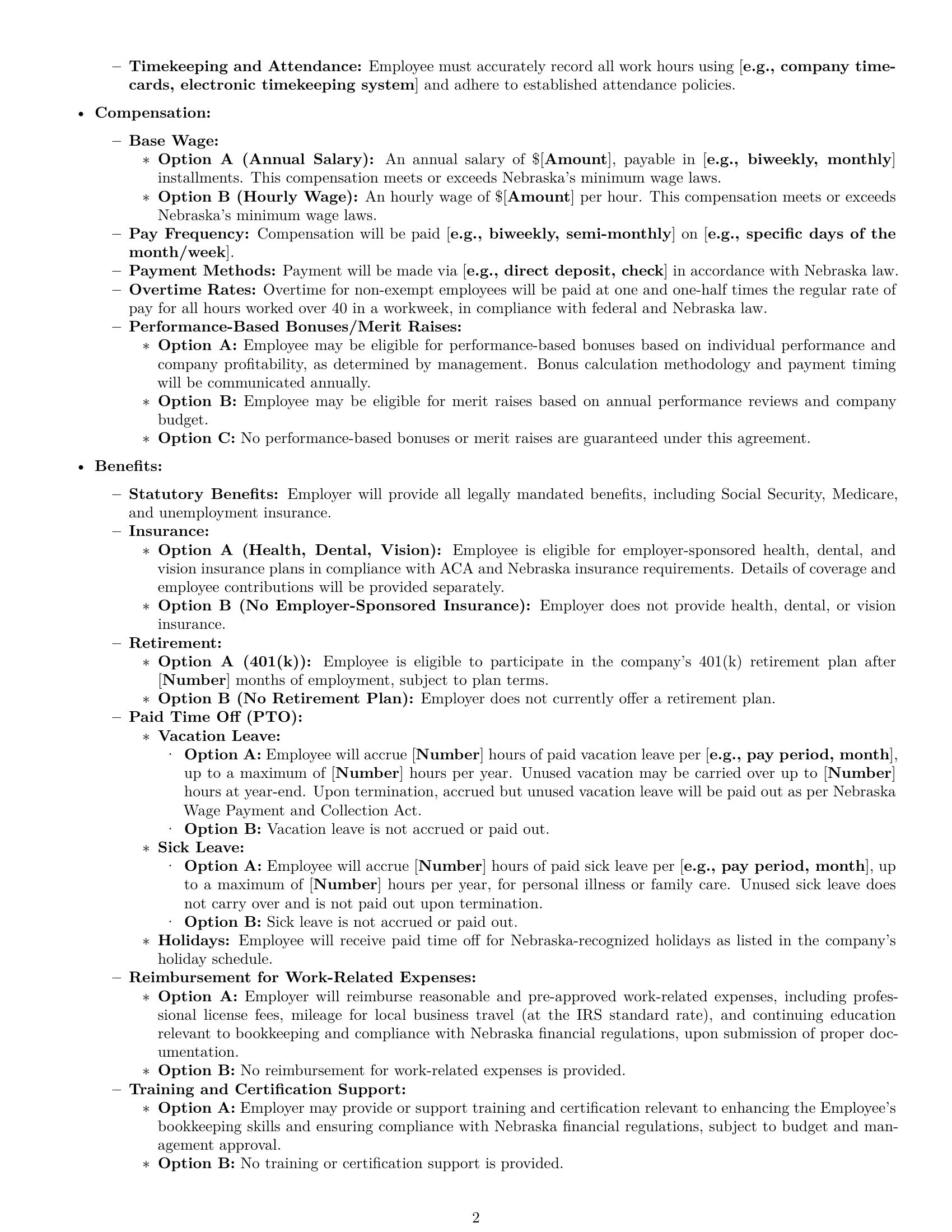 Preview page 2 of Pro Nebraska bookkeeper employment contract template