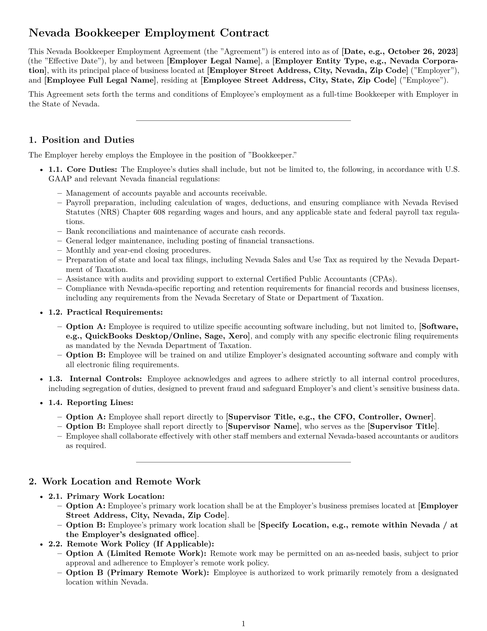 Preview page 1 of Pro Nevada bookkeeper employment contract template
