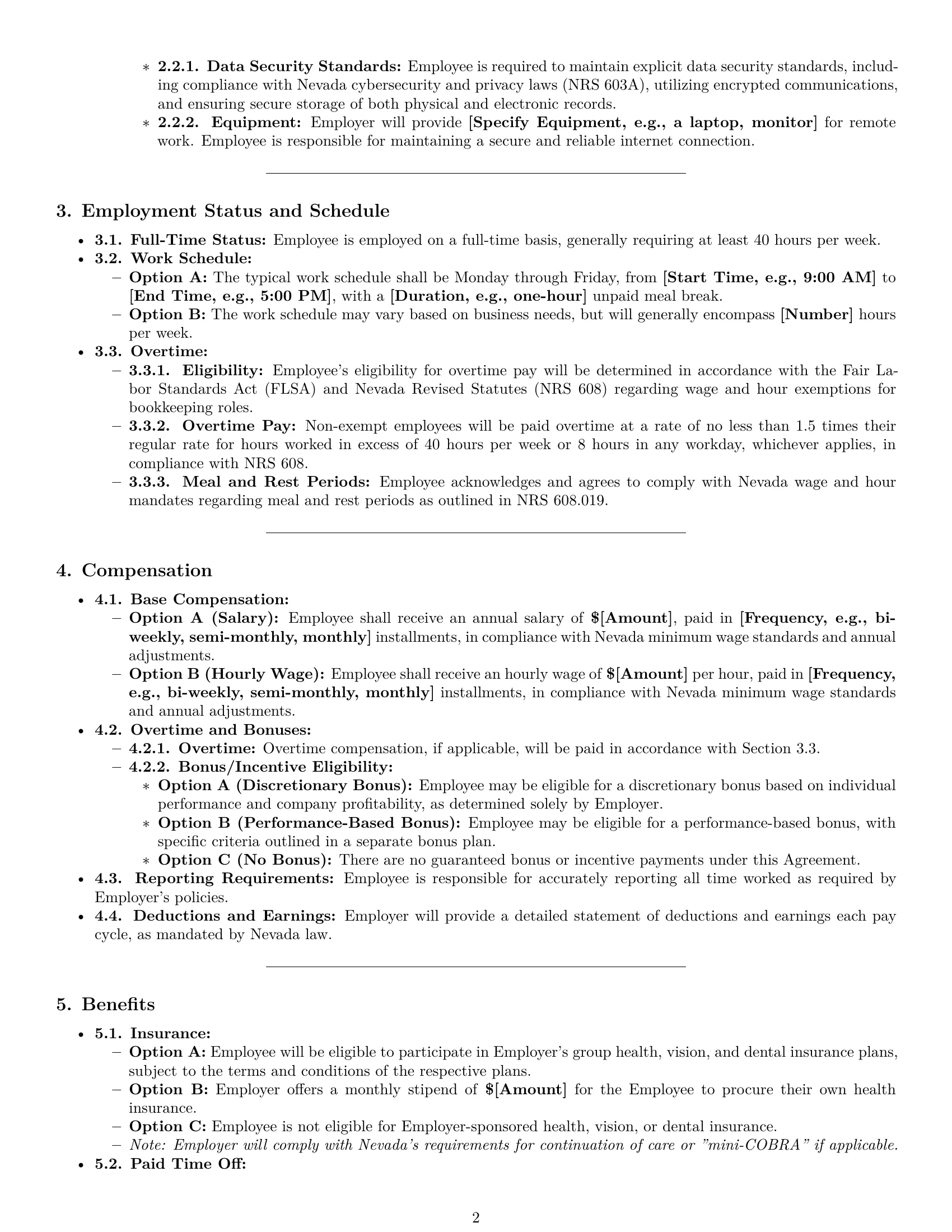 Preview page 2 of Pro Nevada bookkeeper employment contract template