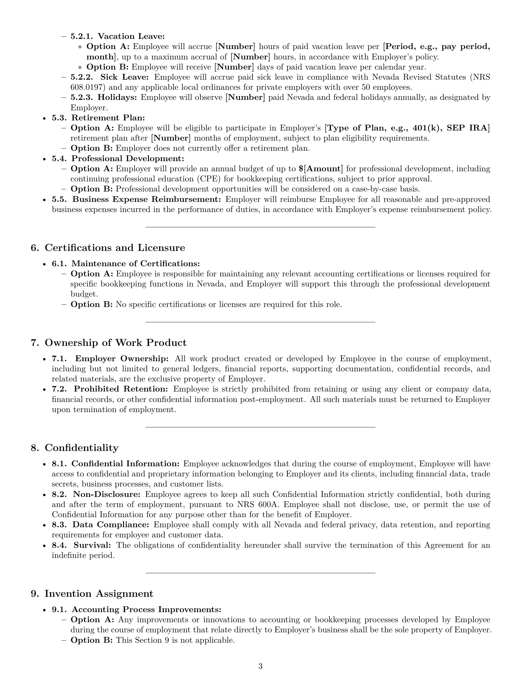 Preview page 3 of Pro Nevada bookkeeper employment contract template