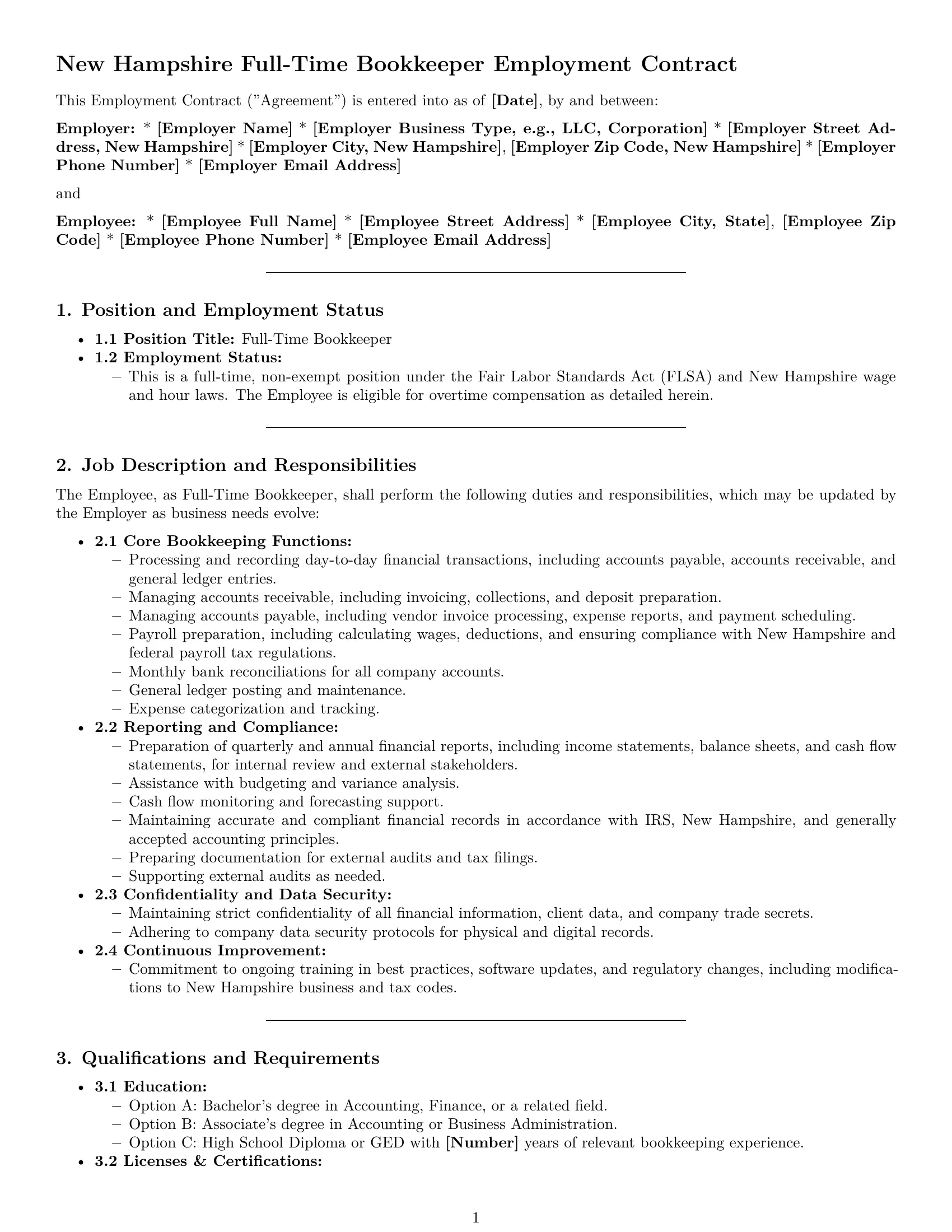 Preview page 1 of Pro New Hampshire bookkeeper employment contract template