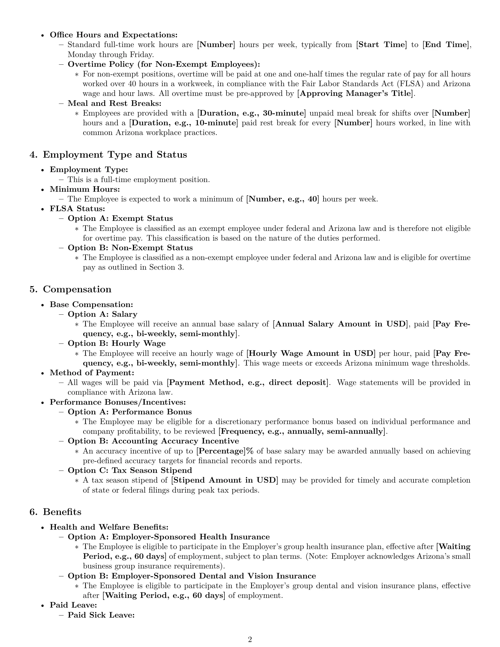 Preview page 2 of Pro Arizona bookkeeper employment contract template