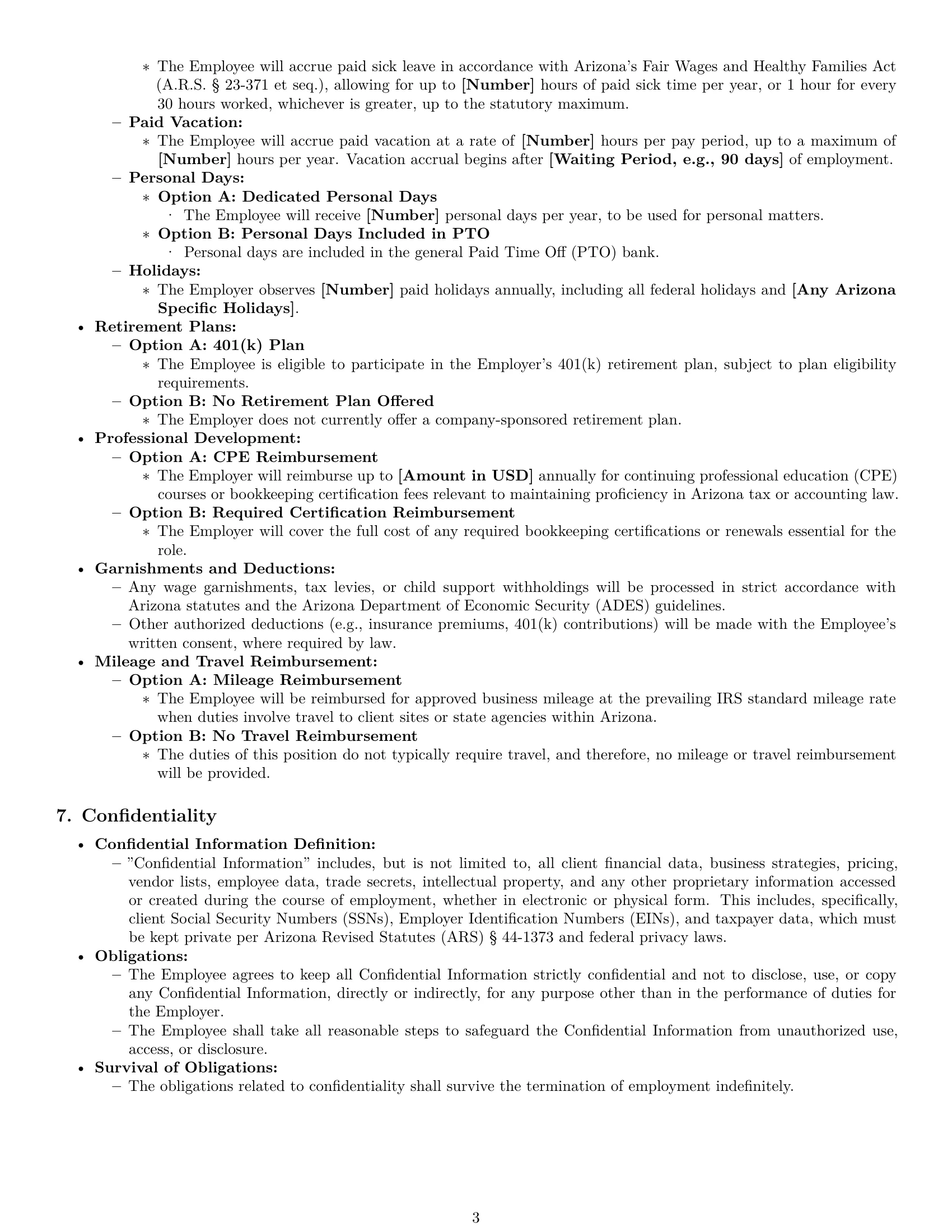Preview page 3 of Pro Arizona bookkeeper employment contract template