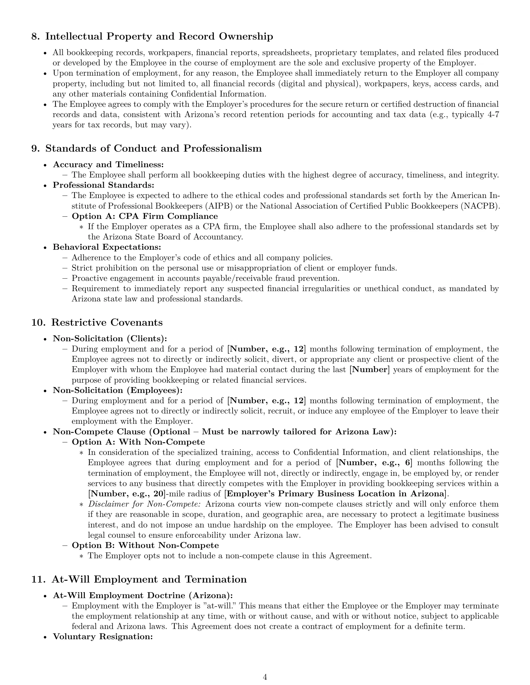 Preview page 4 of Pro Arizona bookkeeper employment contract template