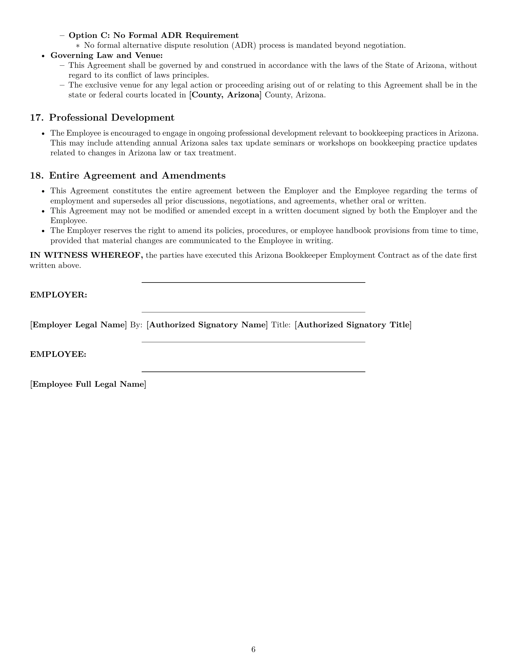 Preview page 6 of Pro Arizona bookkeeper employment contract template