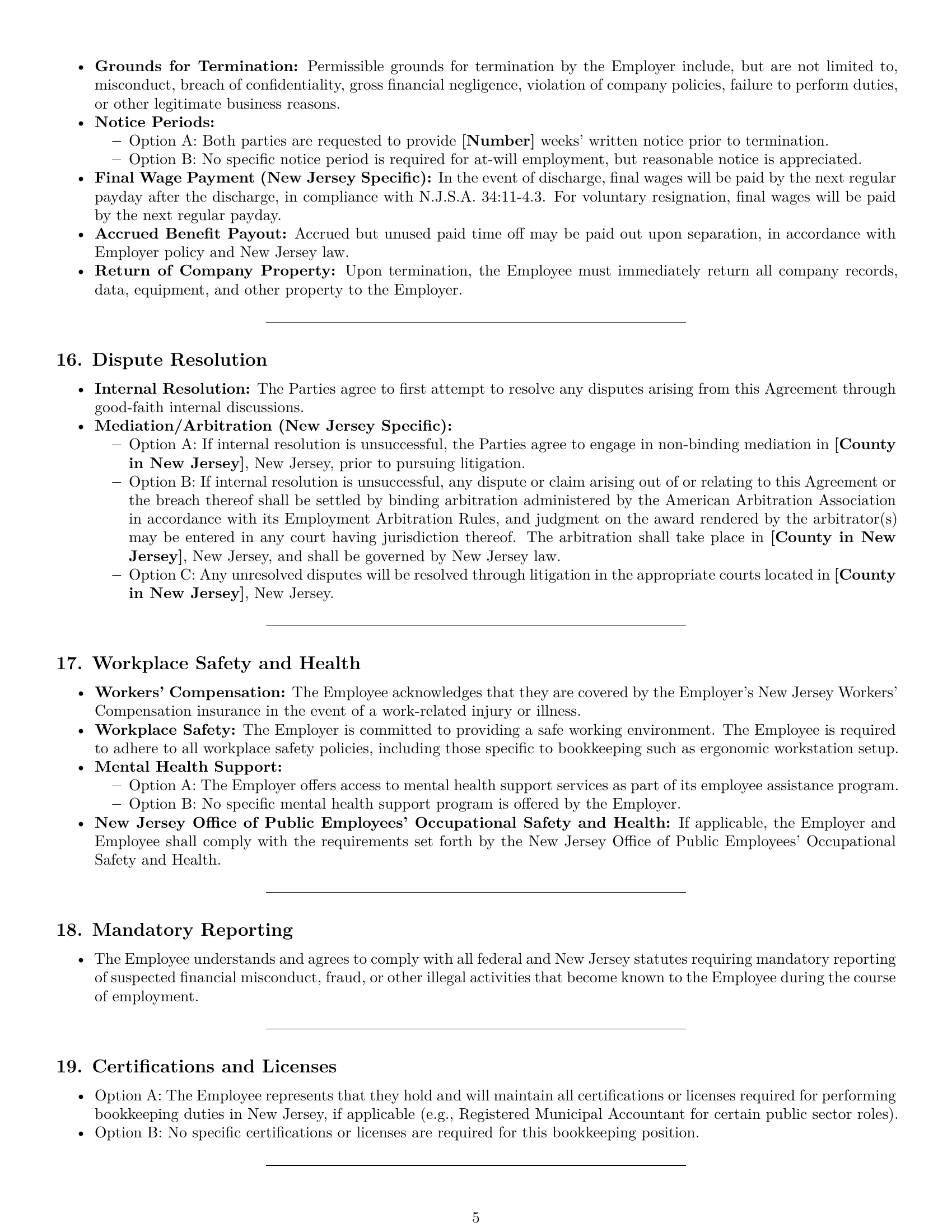 Preview page 5 of Pro New Jersey bookkeeper employment contract template