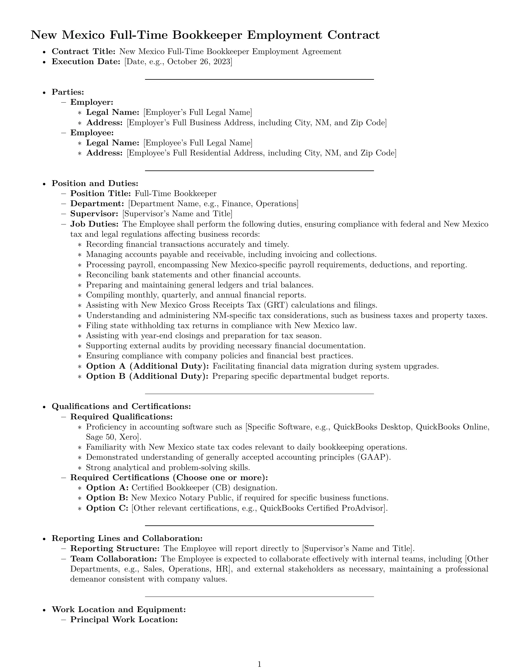 Preview page 1 of Pro New Mexico bookkeeper employment contract template
