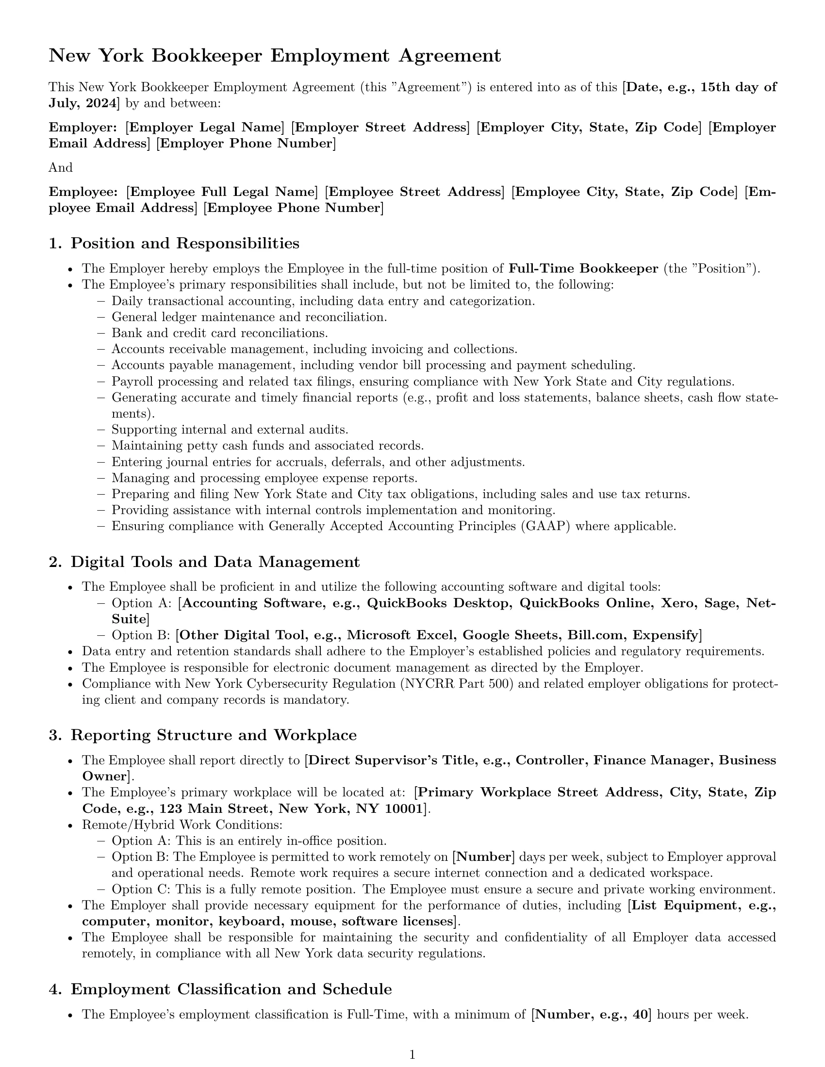 Preview page 1 of Pro New York bookkeeper employment contract template