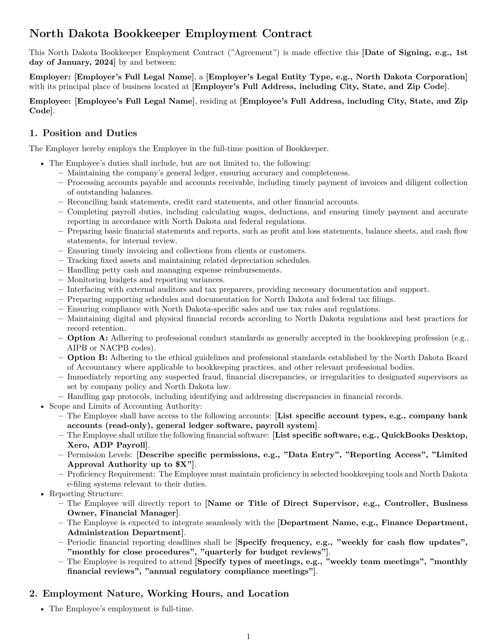 Preview page 1 of Pro North Dakota bookkeeper employment contract template