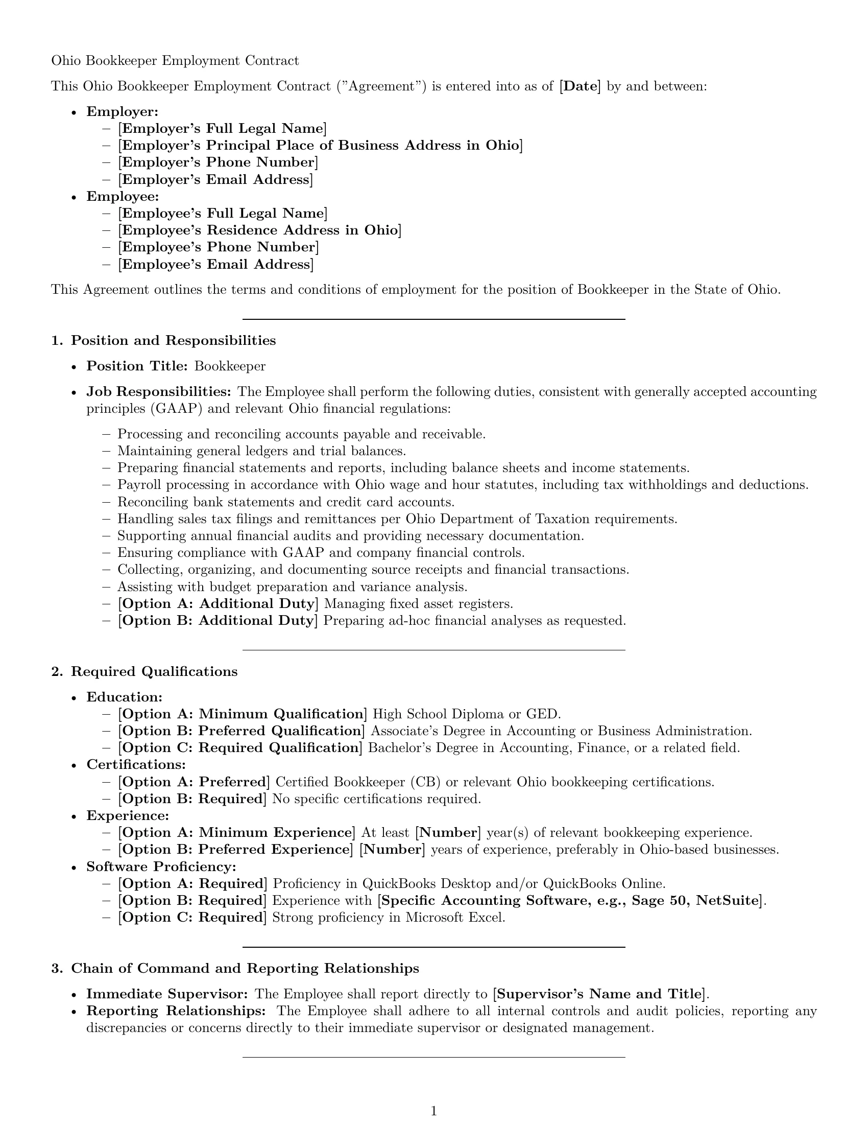Preview page 1 of Pro Ohio bookkeeper employment contract template