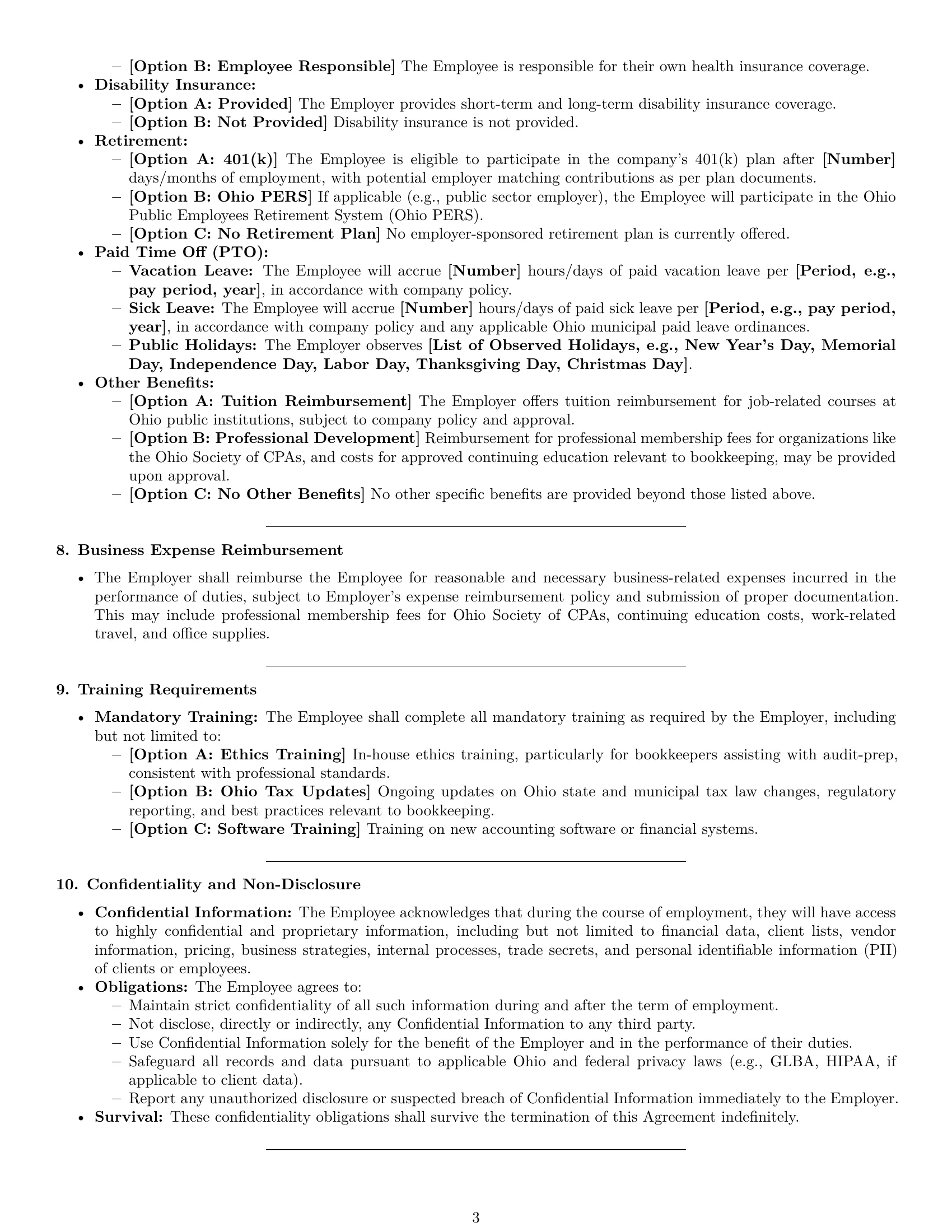 Preview page 3 of Pro Ohio bookkeeper employment contract template