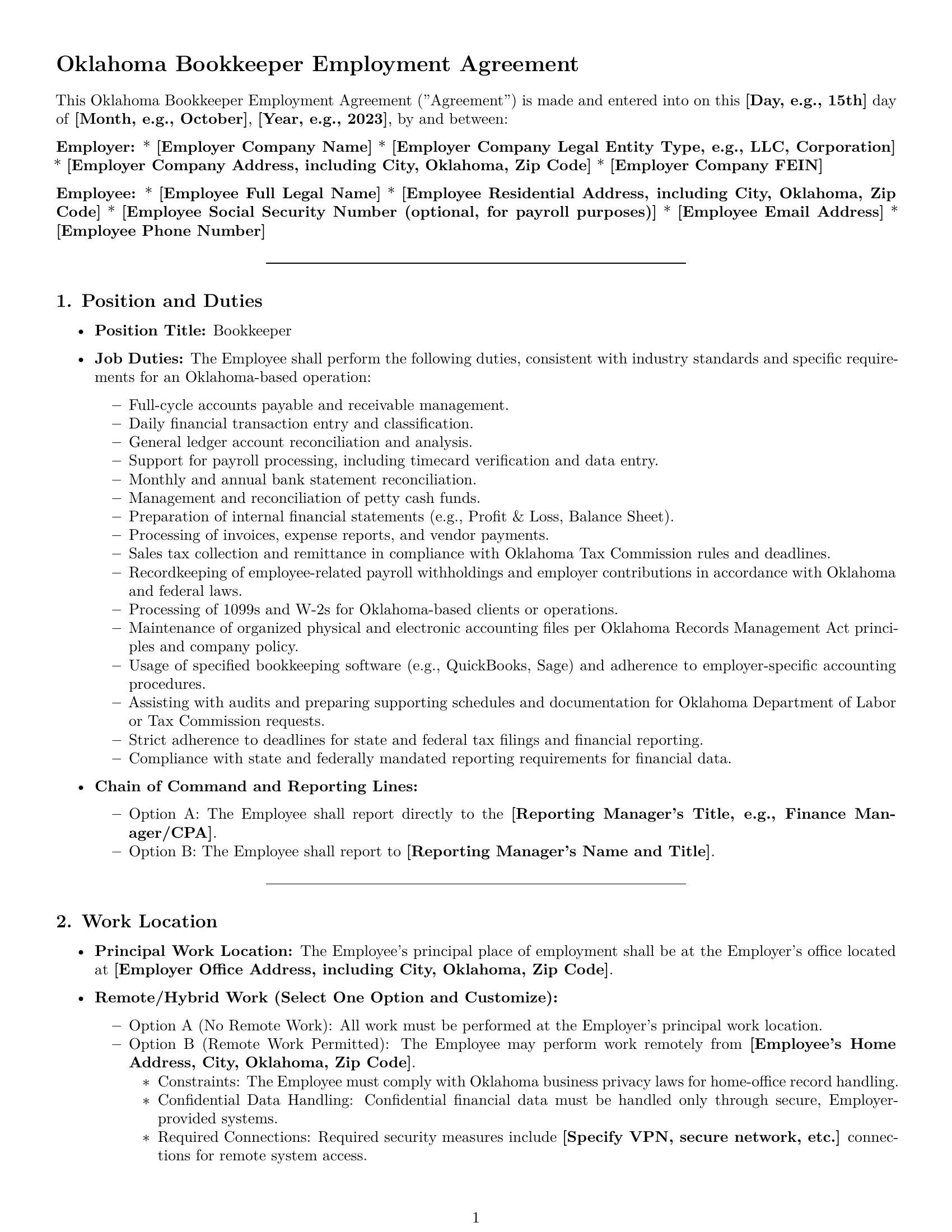 Preview page 1 of Pro Oklahoma bookkeeper employment contract template