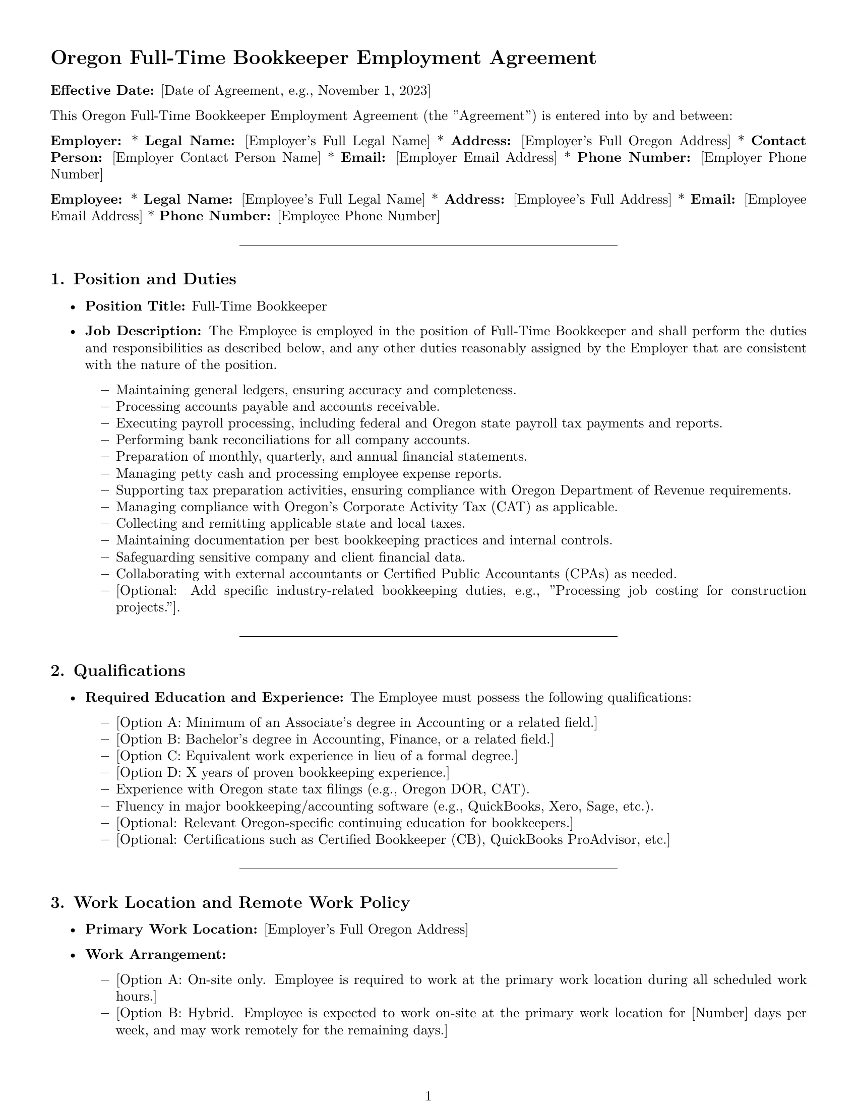Preview page 1 of Pro Oregon bookkeeper employment contract template