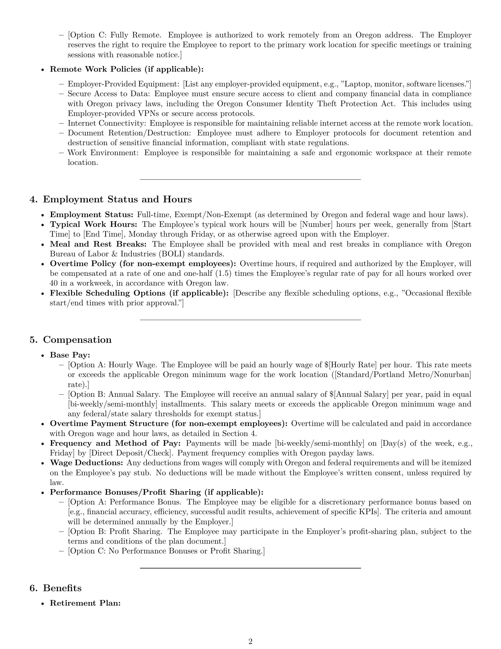 Preview page 2 of Pro Oregon bookkeeper employment contract template