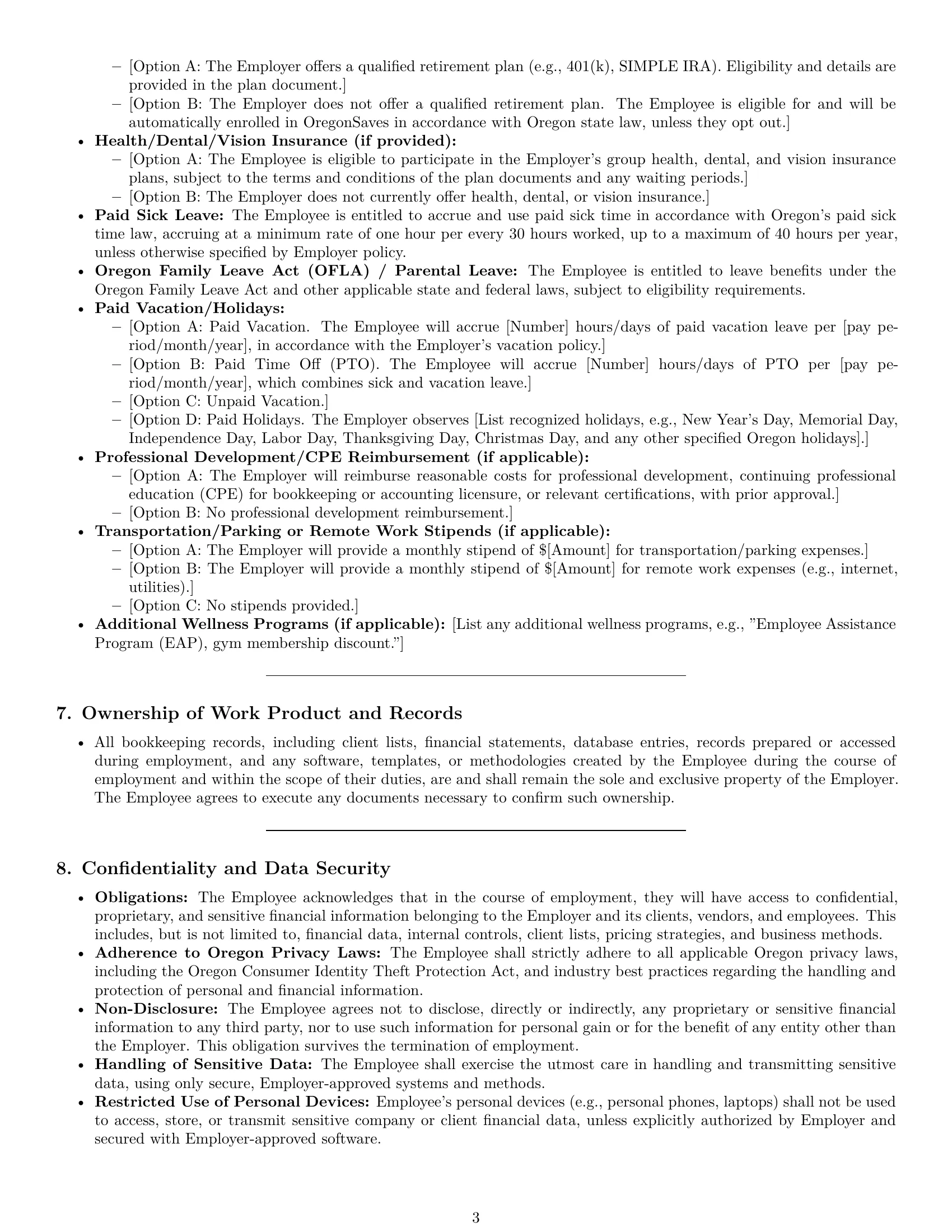 Preview page 3 of Pro Oregon bookkeeper employment contract template