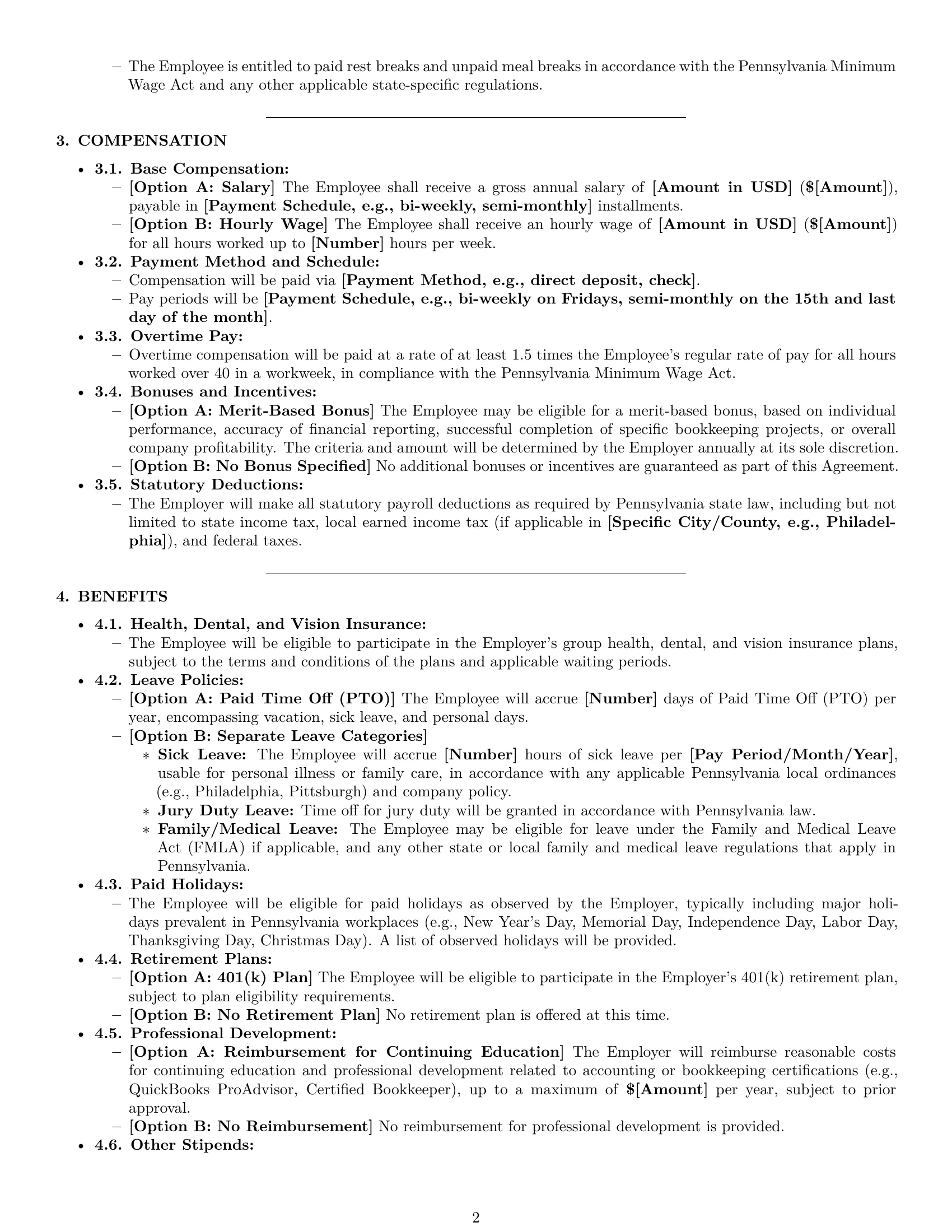 Preview page 2 of Pro Pennsylvania bookkeeper employment contract template