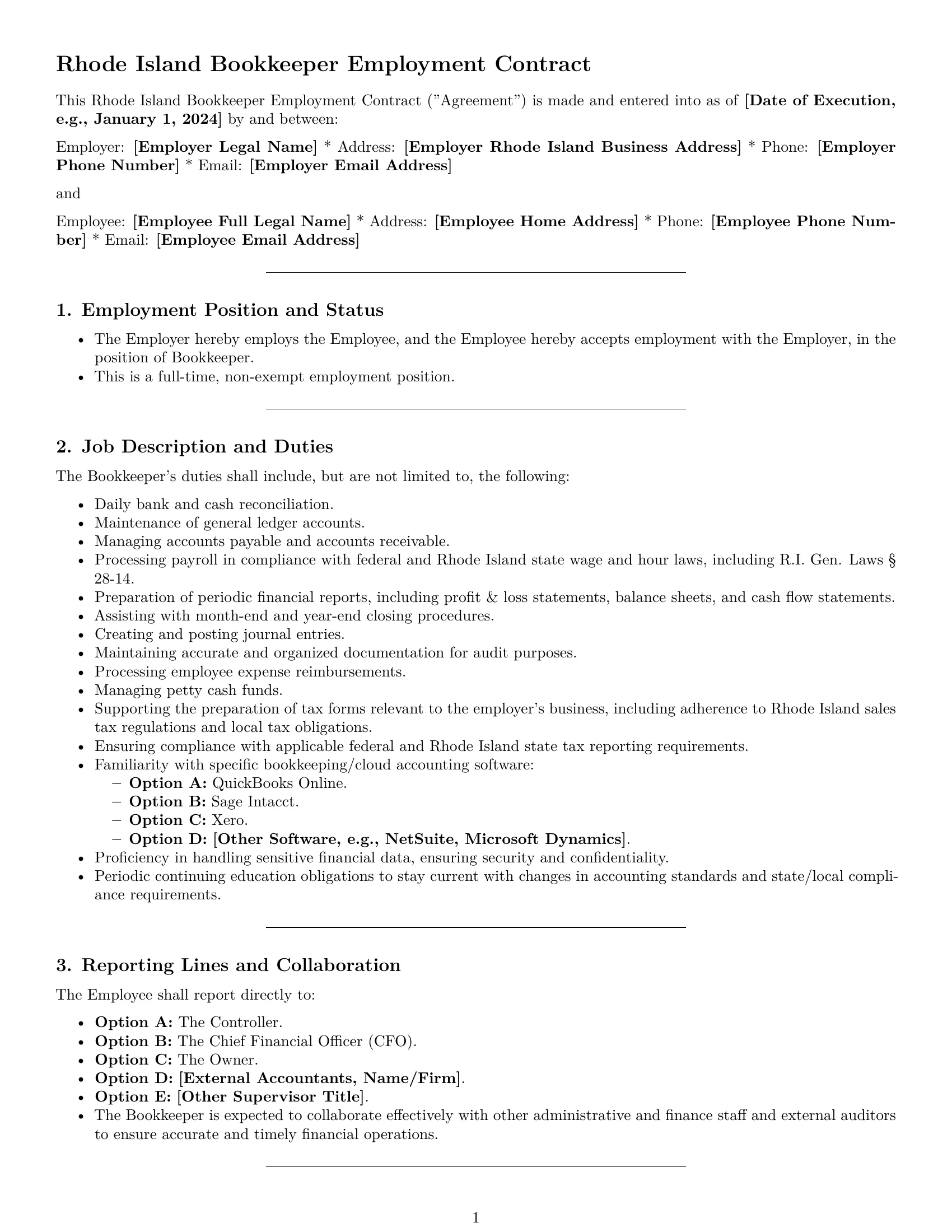 Preview page 1 of Pro Rhode Island bookkeeper employment contract template
