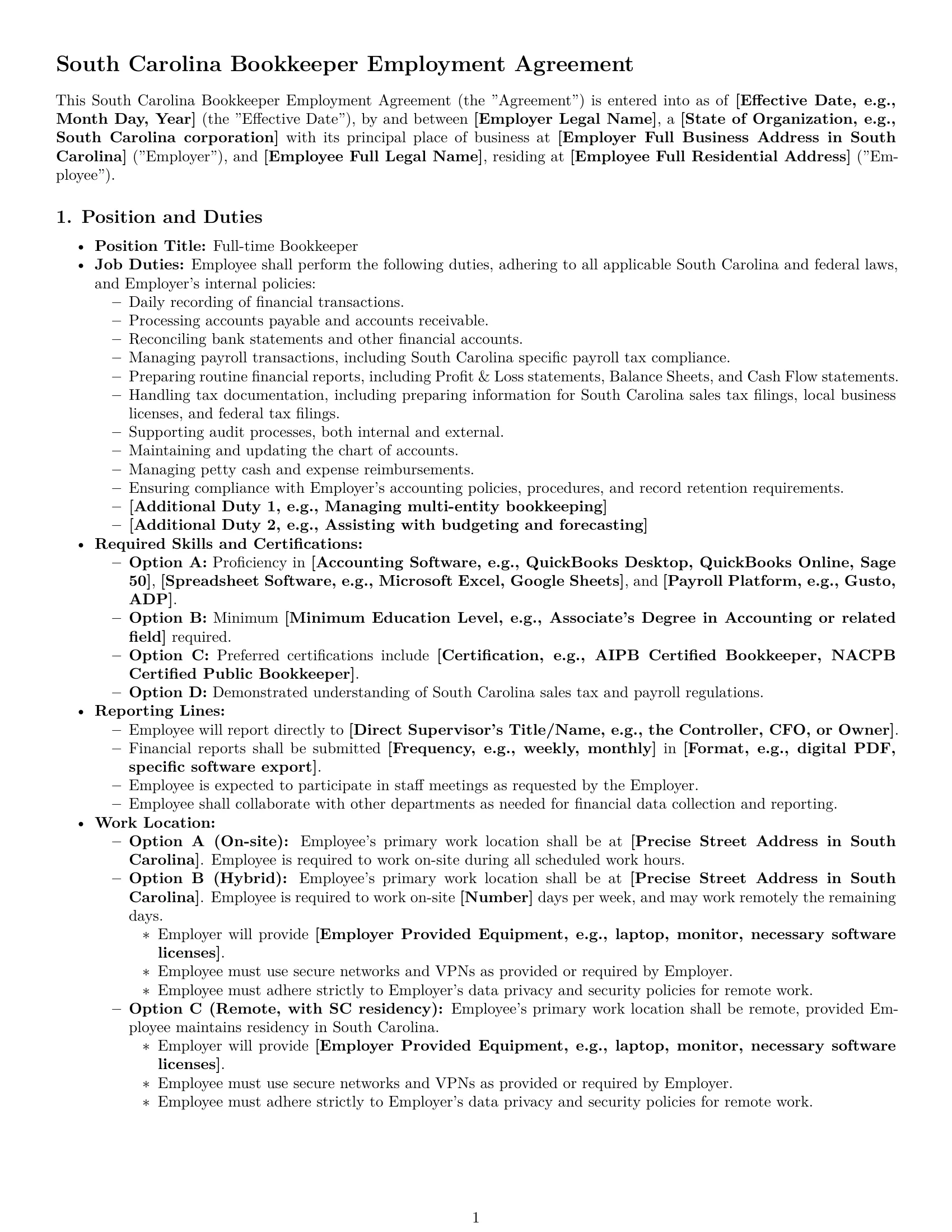 Preview page 1 of Pro South Carolina bookkeeper employment contract template