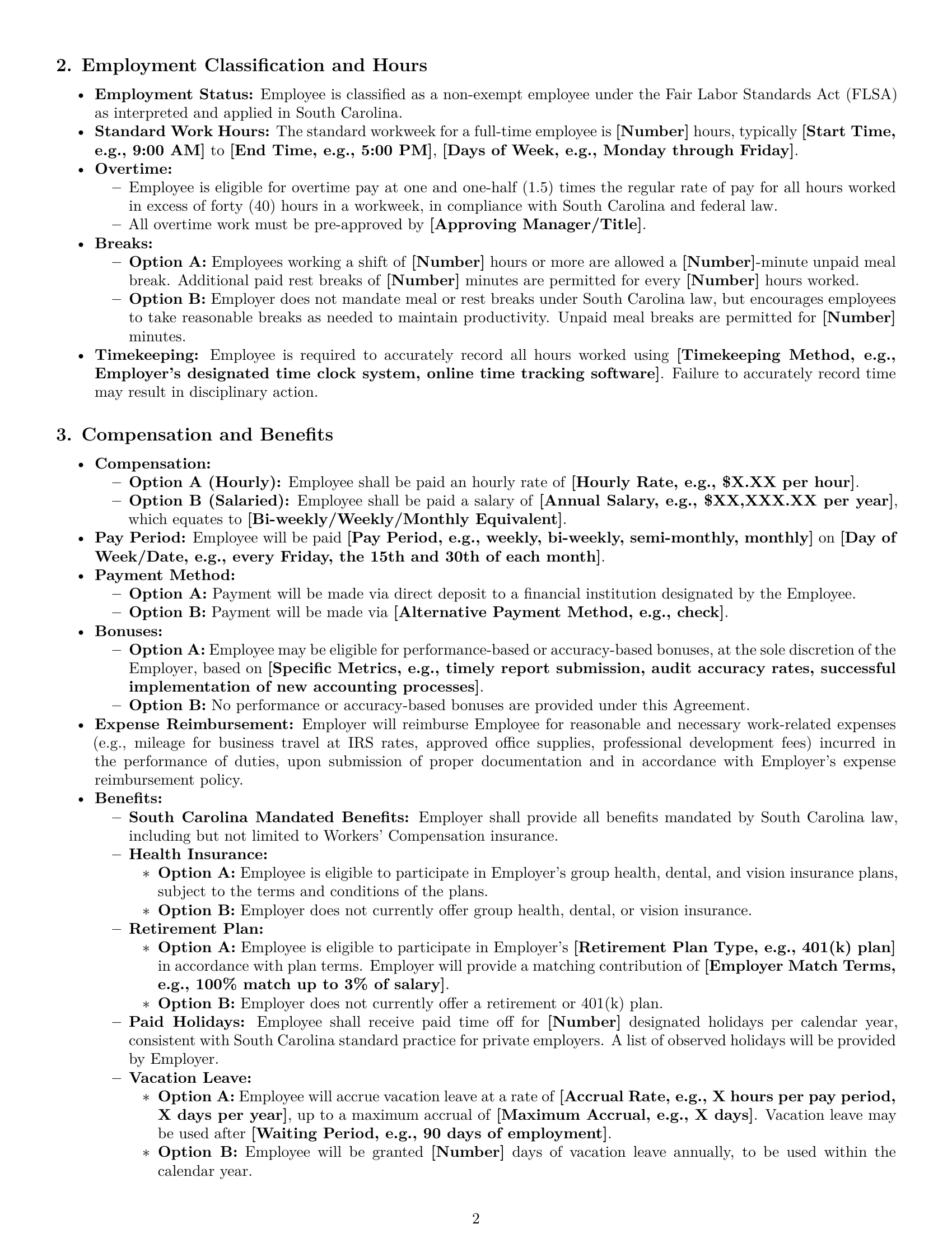 Preview page 2 of Pro South Carolina bookkeeper employment contract template