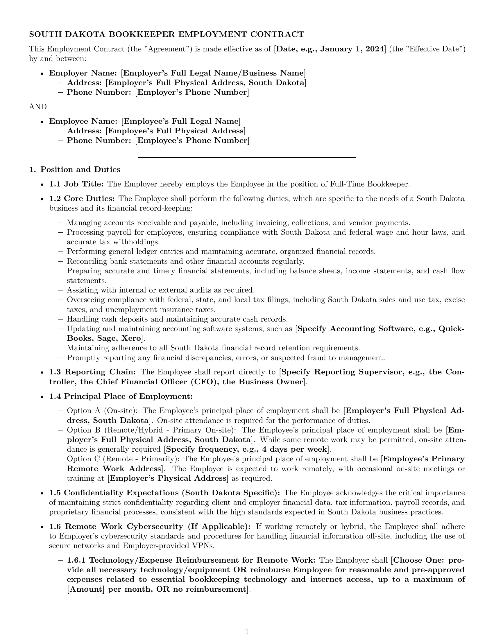 Preview page 1 of Pro South Dakota bookkeeper employment contract template