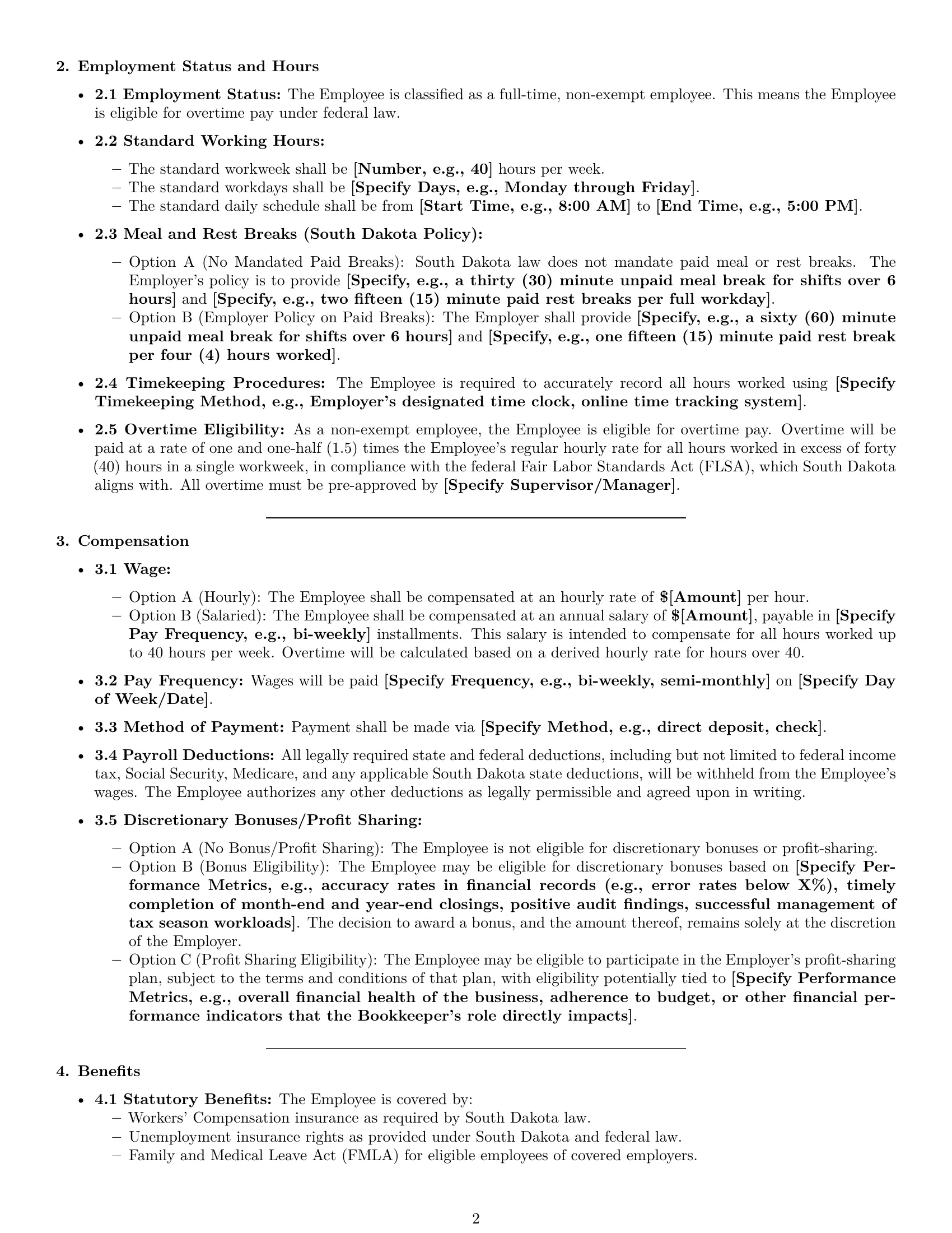 Preview page 2 of Pro South Dakota bookkeeper employment contract template
