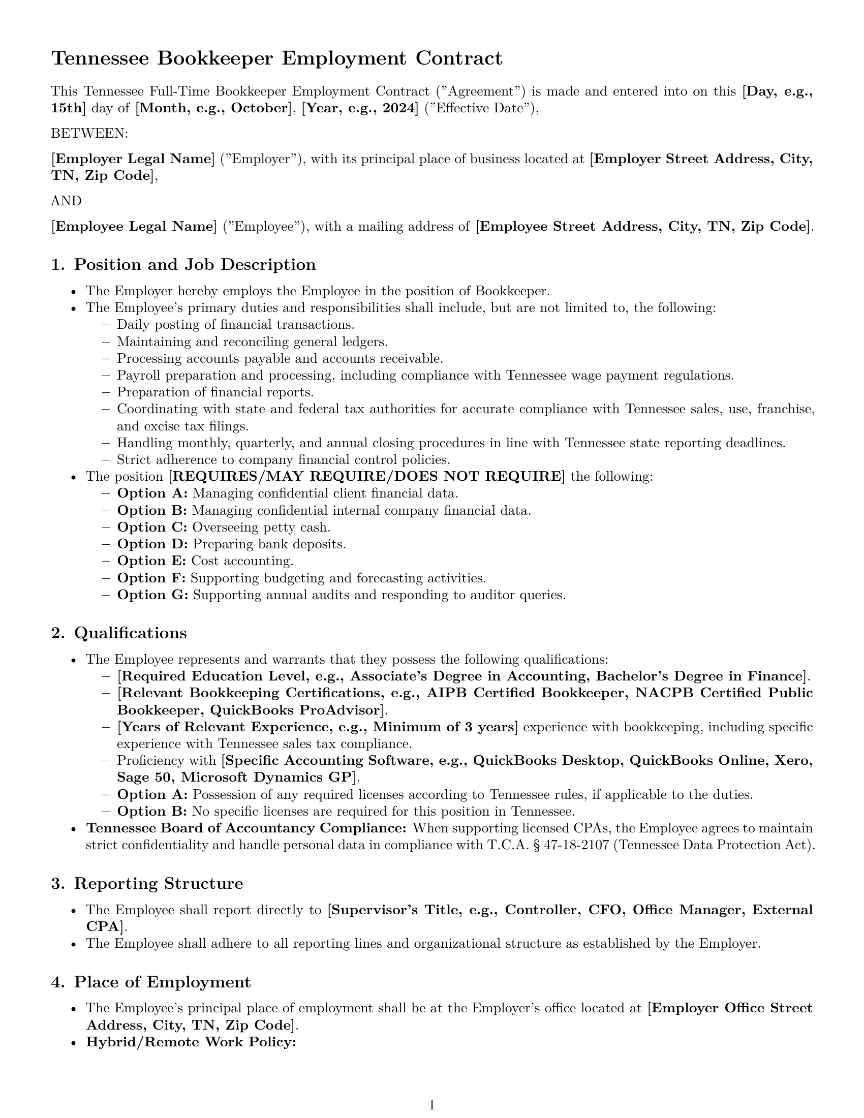 Preview page 1 of Pro Tennessee bookkeeper employment contract template