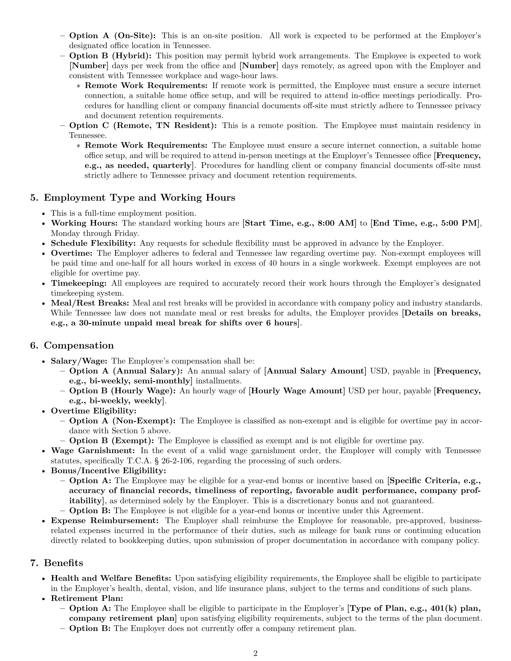 Preview page 2 of Pro Tennessee bookkeeper employment contract template