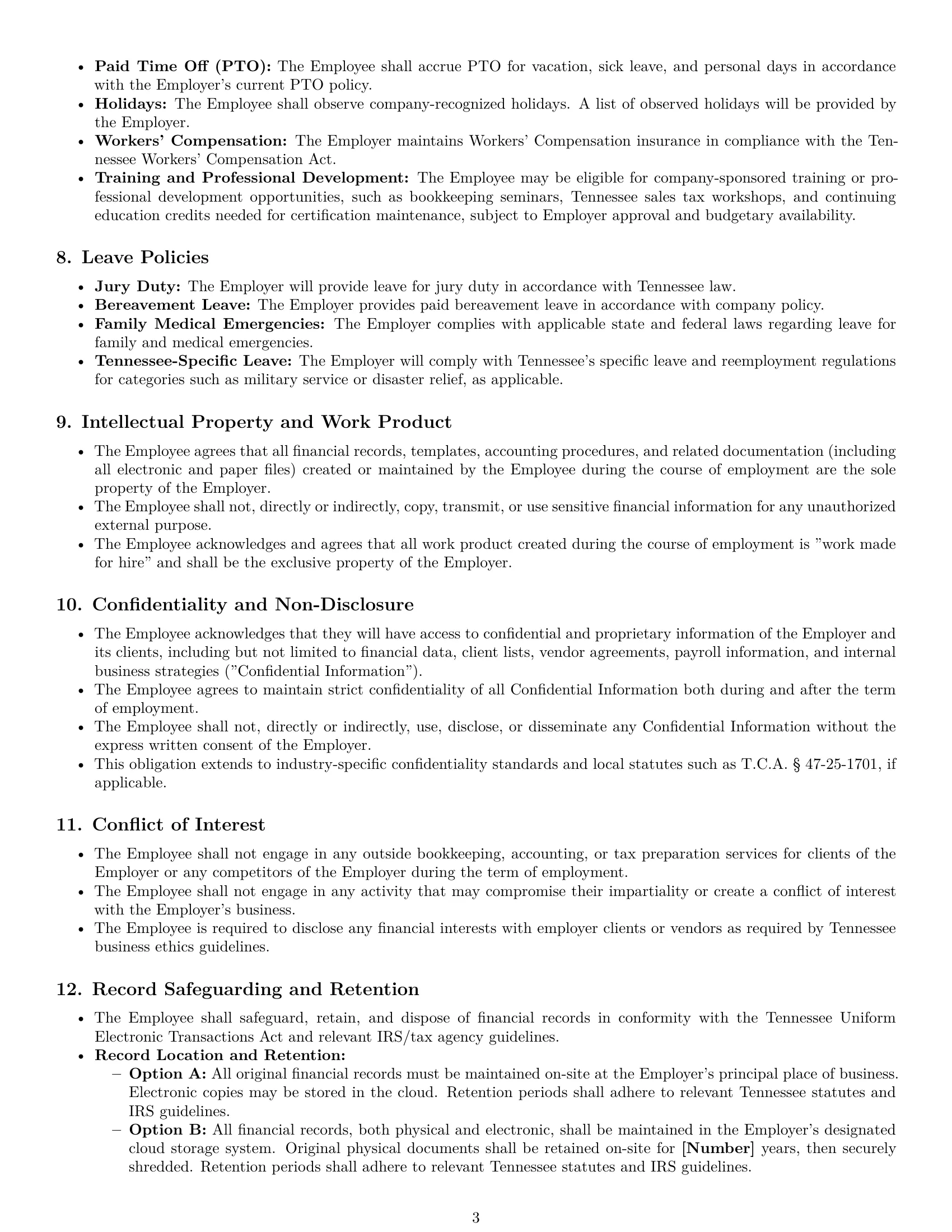 Preview page 3 of Pro Tennessee bookkeeper employment contract template
