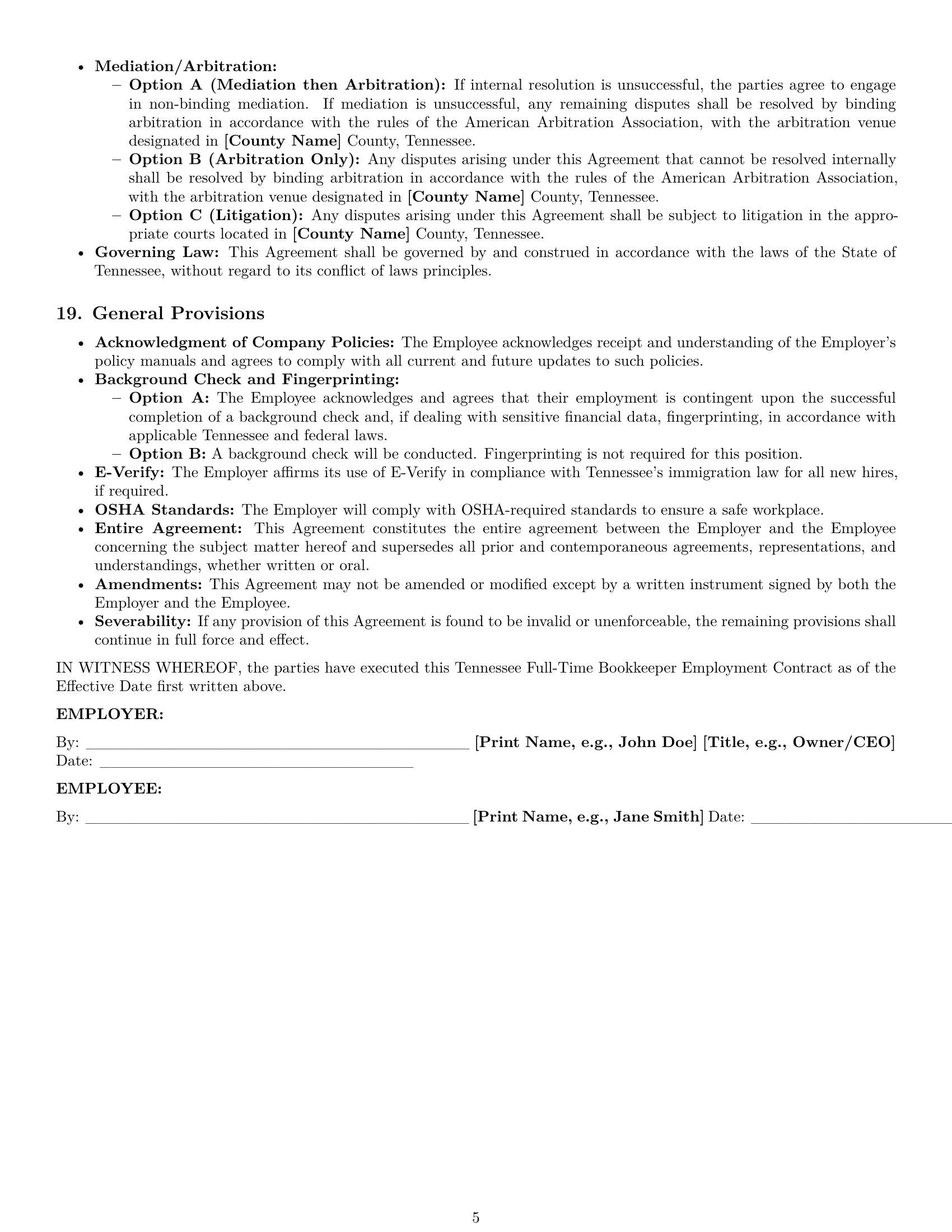 Preview page 5 of Pro Tennessee bookkeeper employment contract template
