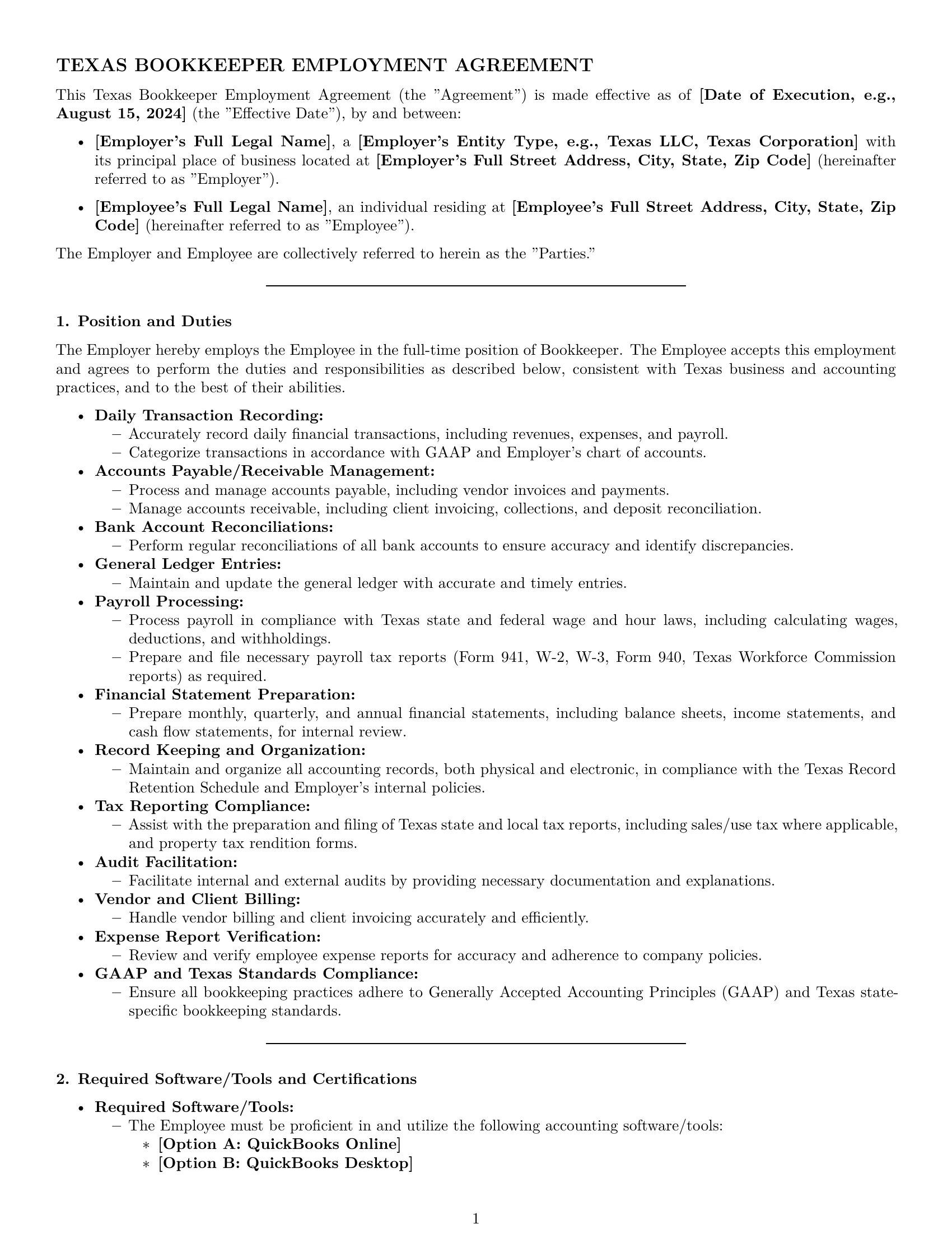 Preview page 1 of Pro Texas bookkeeper employment contract template