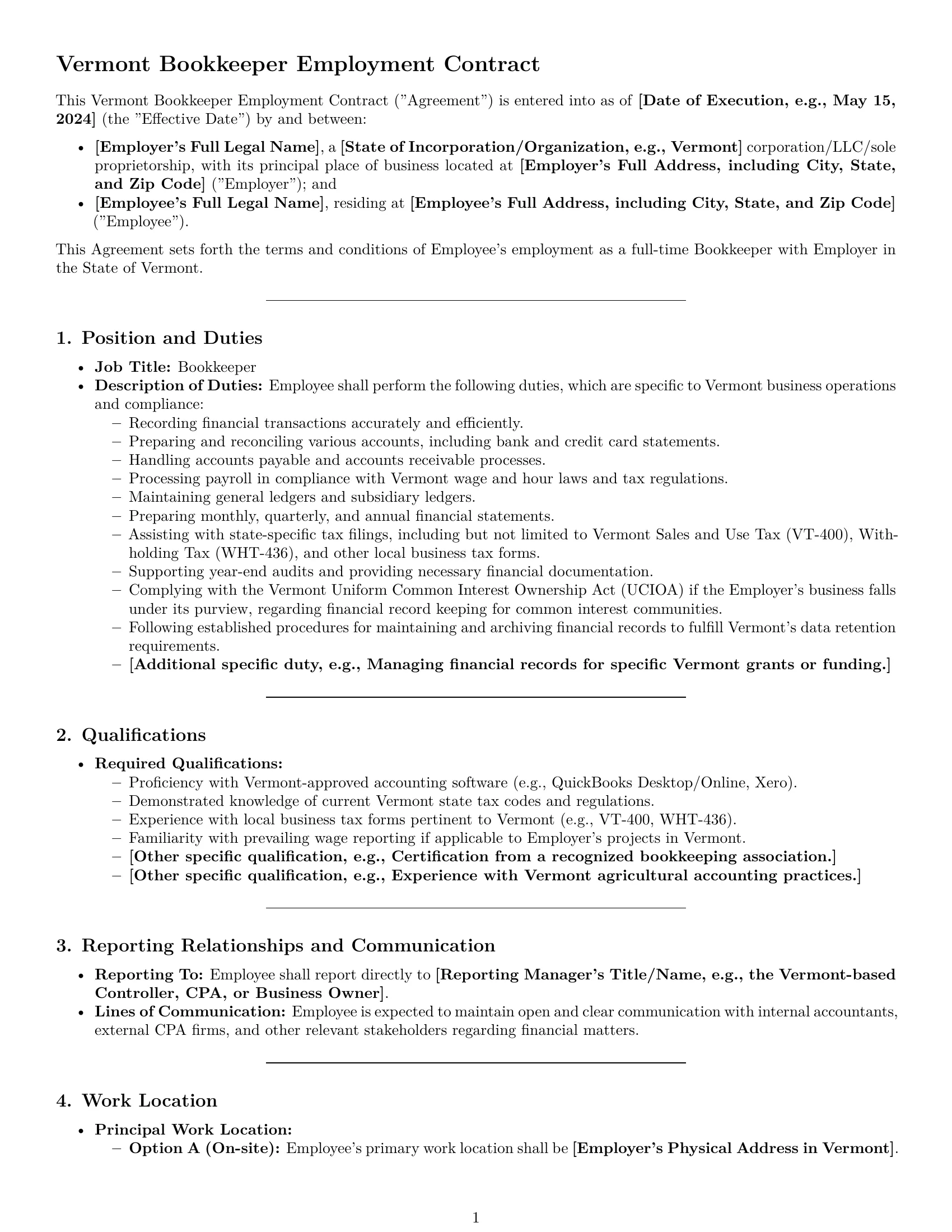 Preview page 1 of Pro Vermont bookkeeper employment contract template