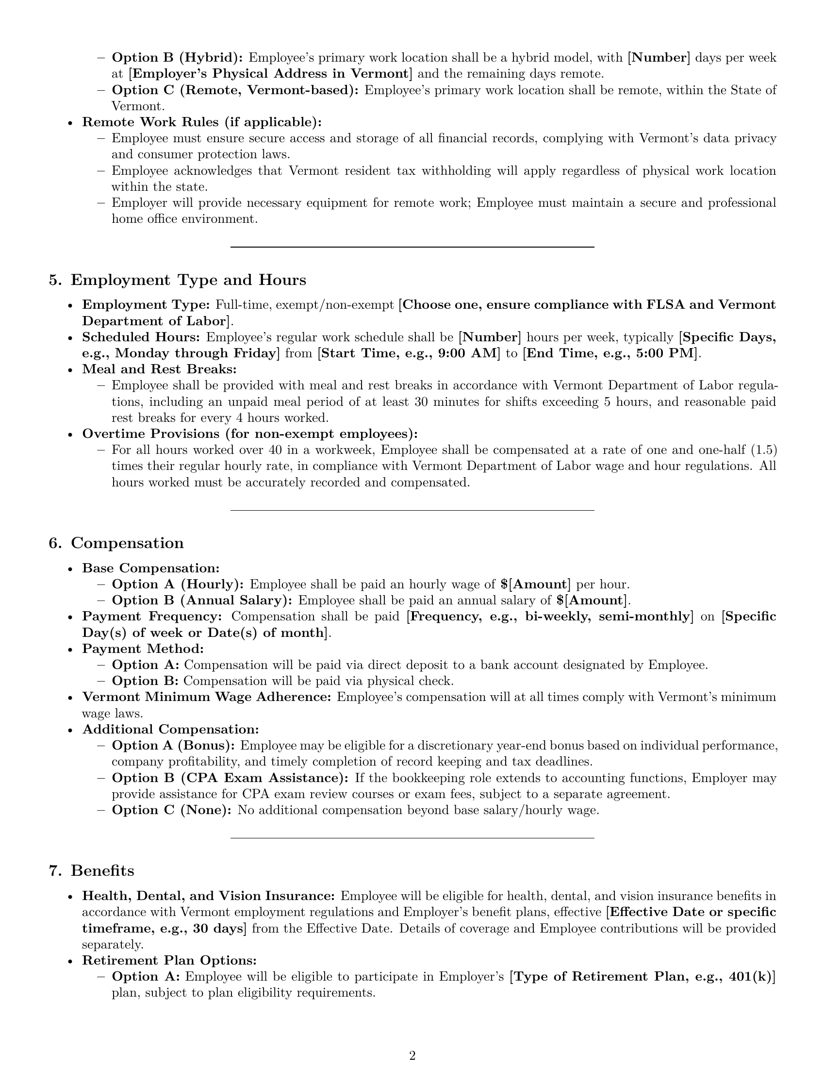 Preview page 2 of Pro Vermont bookkeeper employment contract template