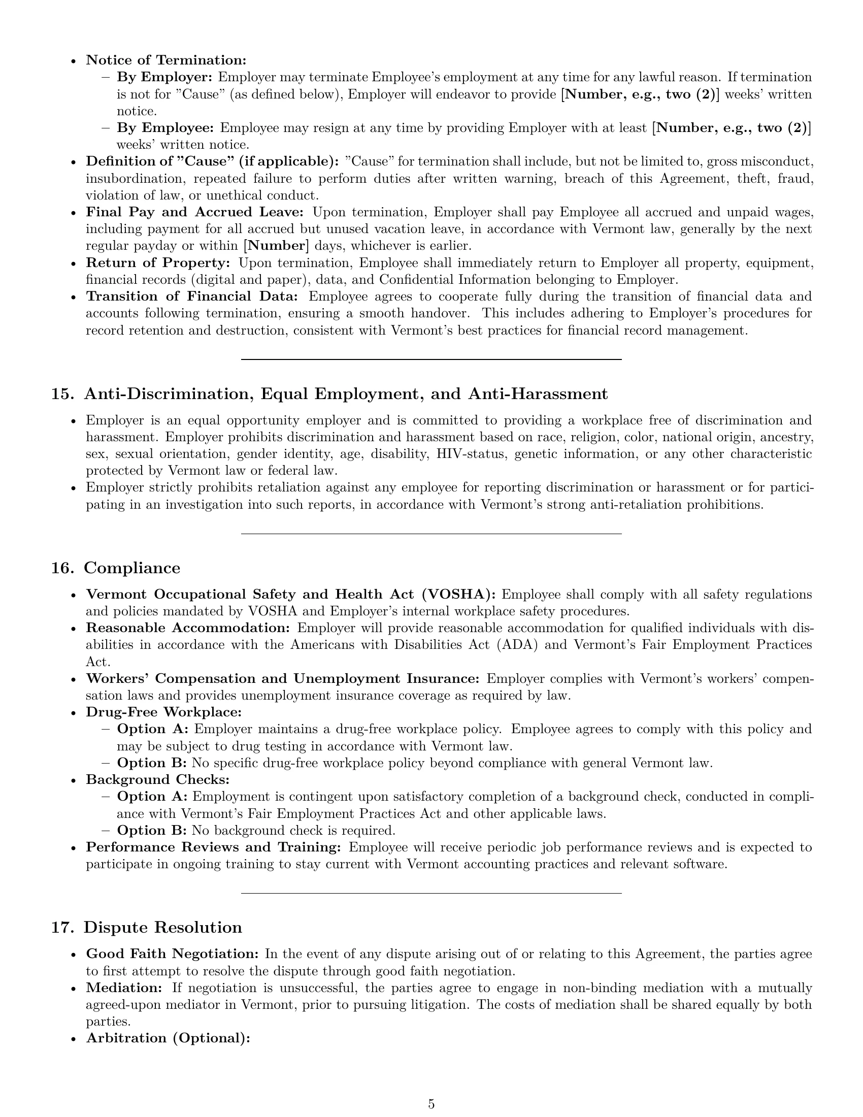 Preview page 5 of Pro Vermont bookkeeper employment contract template