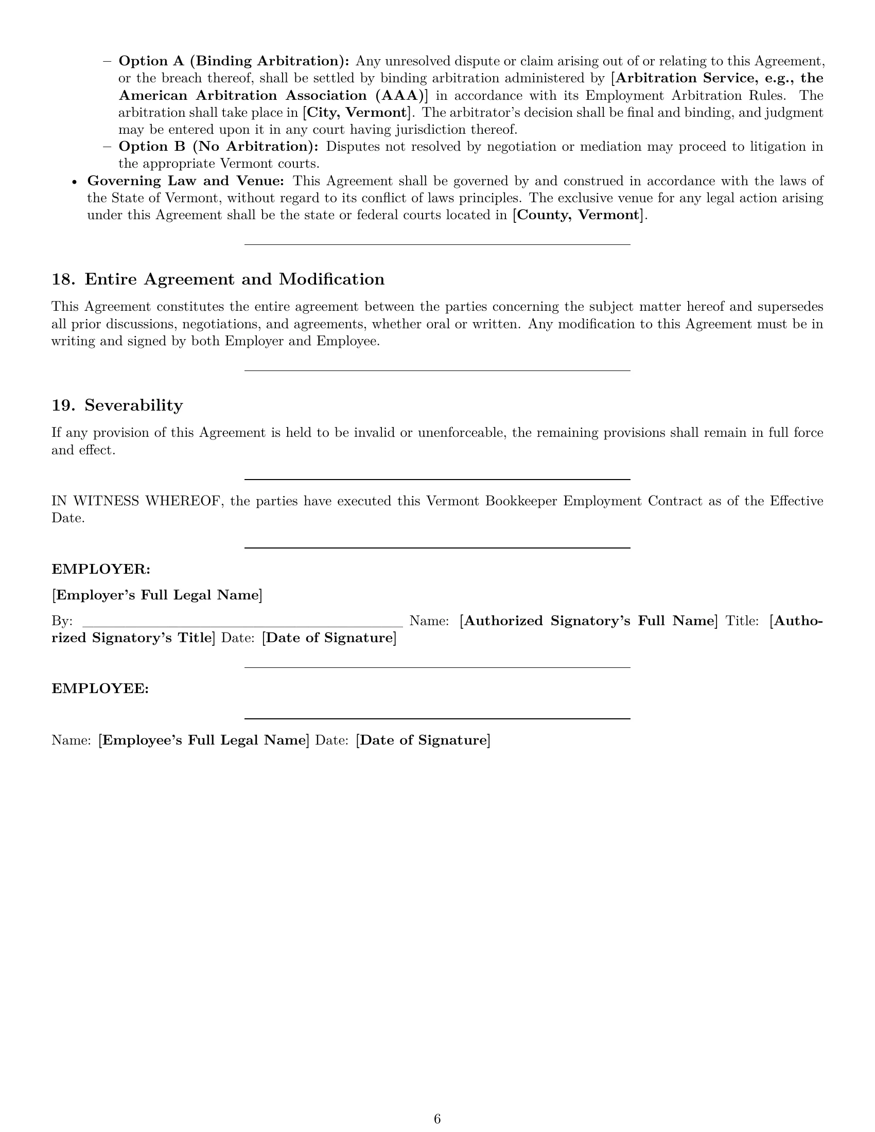 Preview page 6 of Pro Vermont bookkeeper employment contract template