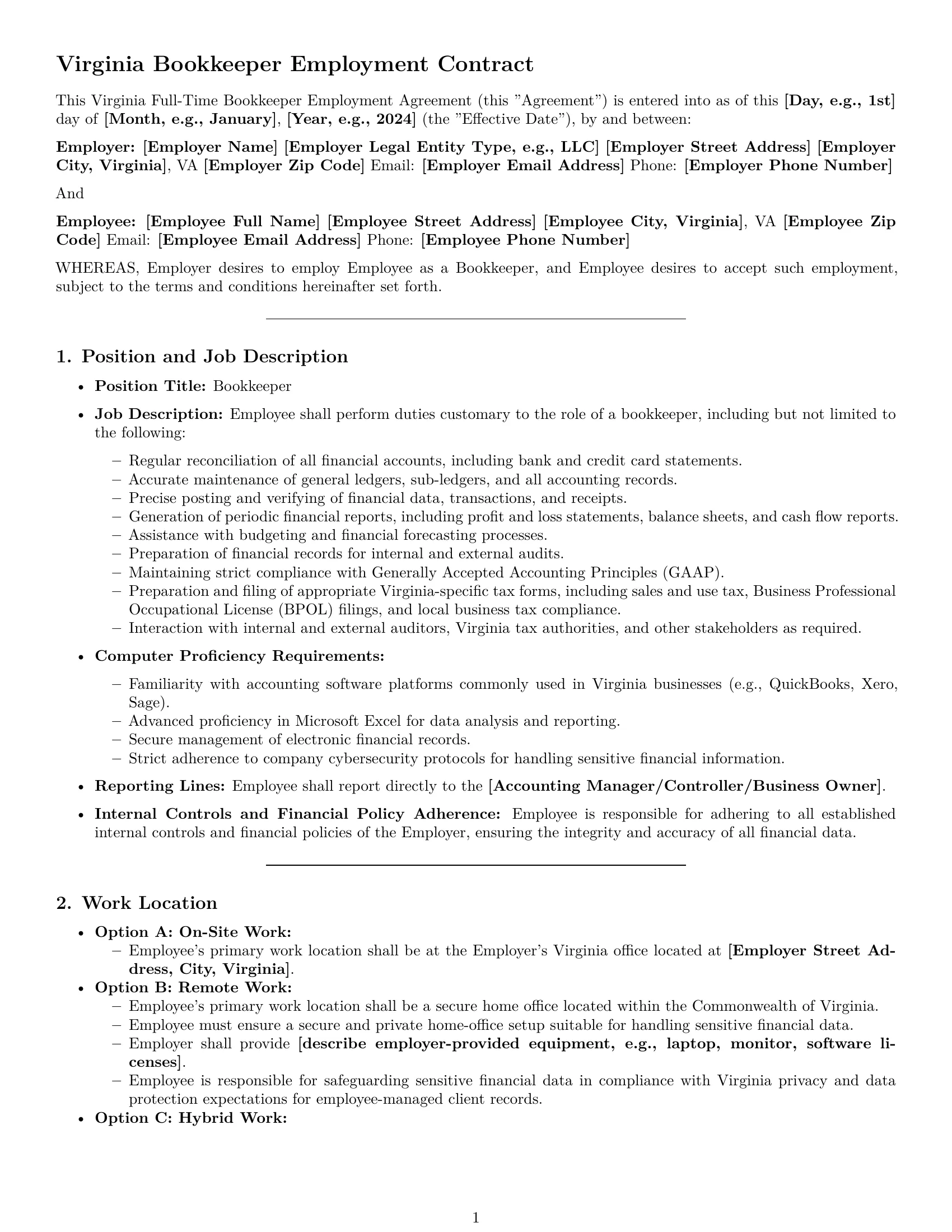 Preview page 1 of Pro Virginia bookkeeper employment contract template