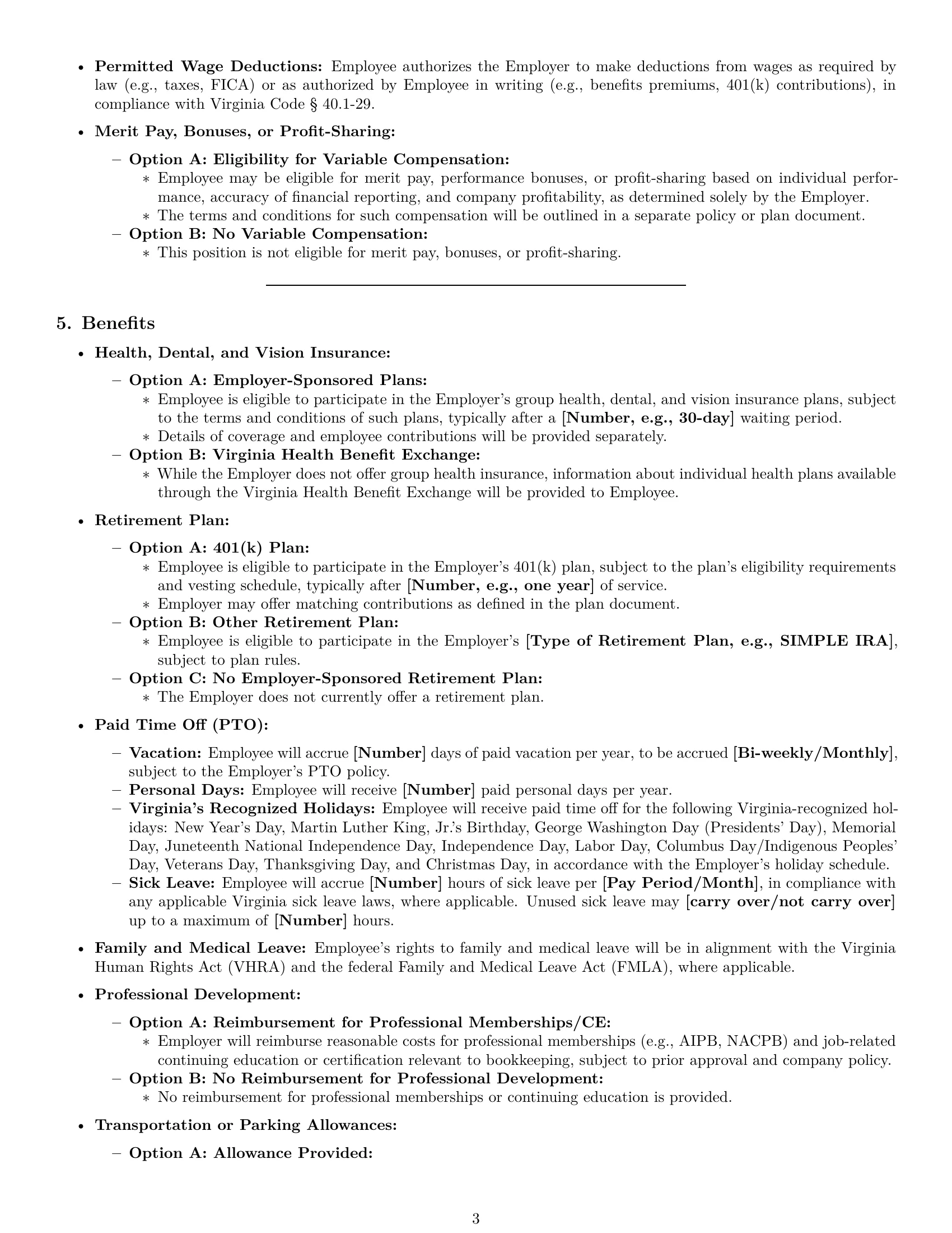 Preview page 3 of Pro Virginia bookkeeper employment contract template